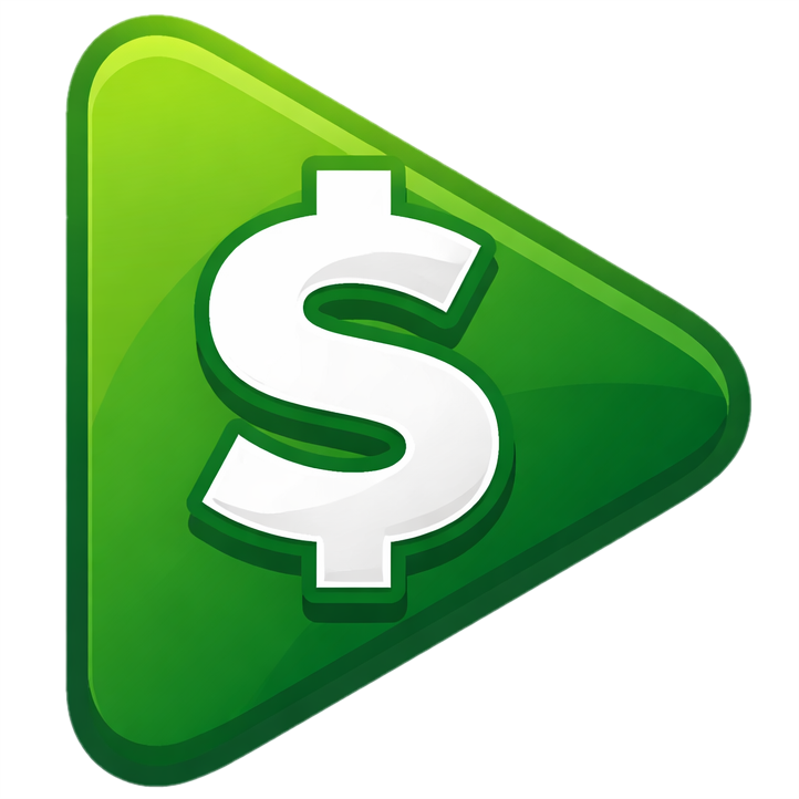 Green play button with a white dollar sign in the center.