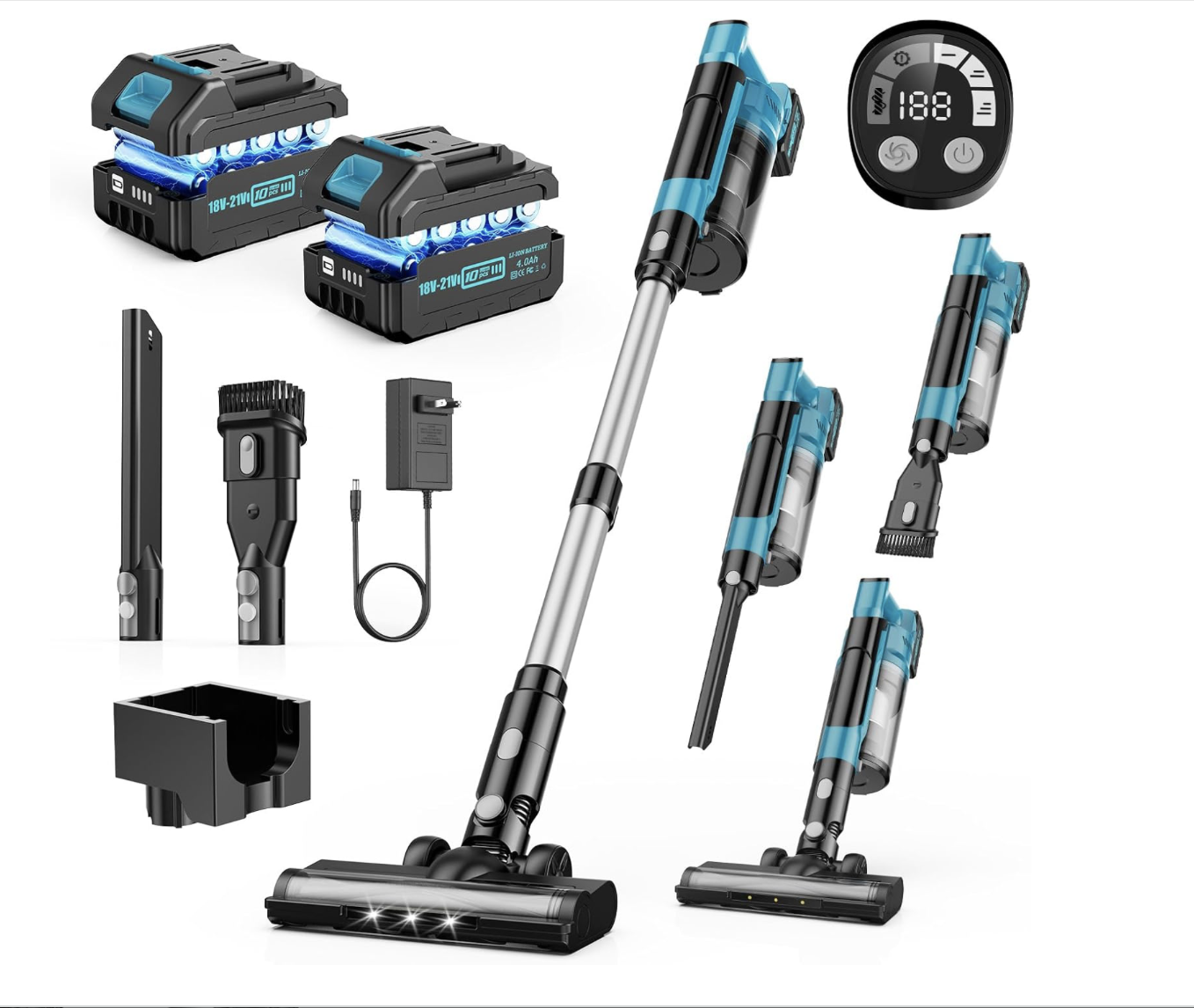 A cordless vacuum cleaner with multiple attachments, batteries, a charger, and a control panel, all arranged on a white background.