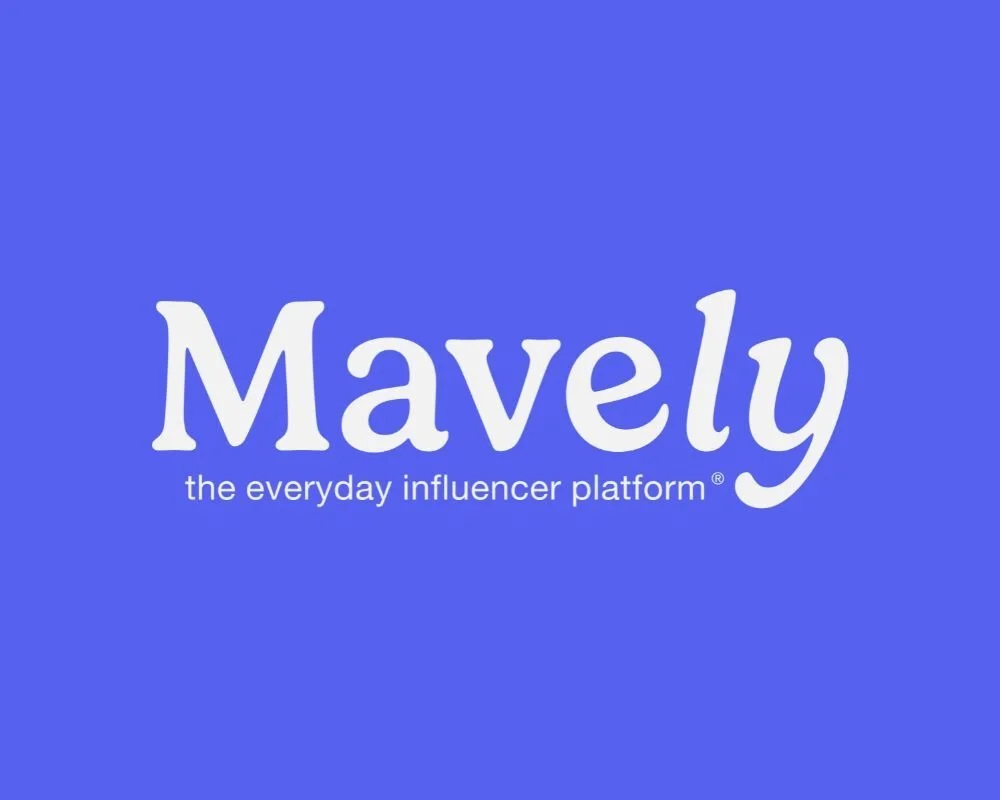 Blue background with white text displaying 'Mavely' and the tagline 'the everyday influencer platform'