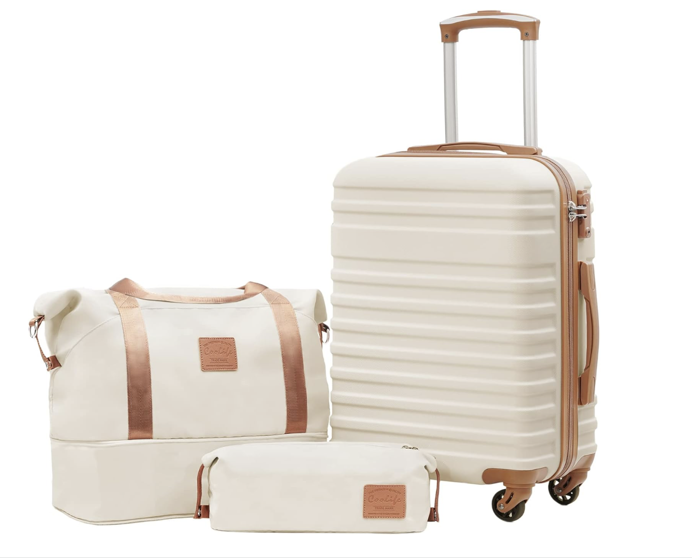 A set of cream-colored luggage and travel bags with rose gold straps and accents, including a rolling suitcase, a duffel bag, and a small pouch, arranged against a white background.