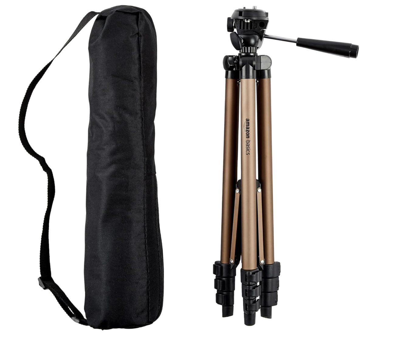A black carrying bag and a folded Amazon Basics tripod with adjustable legs.