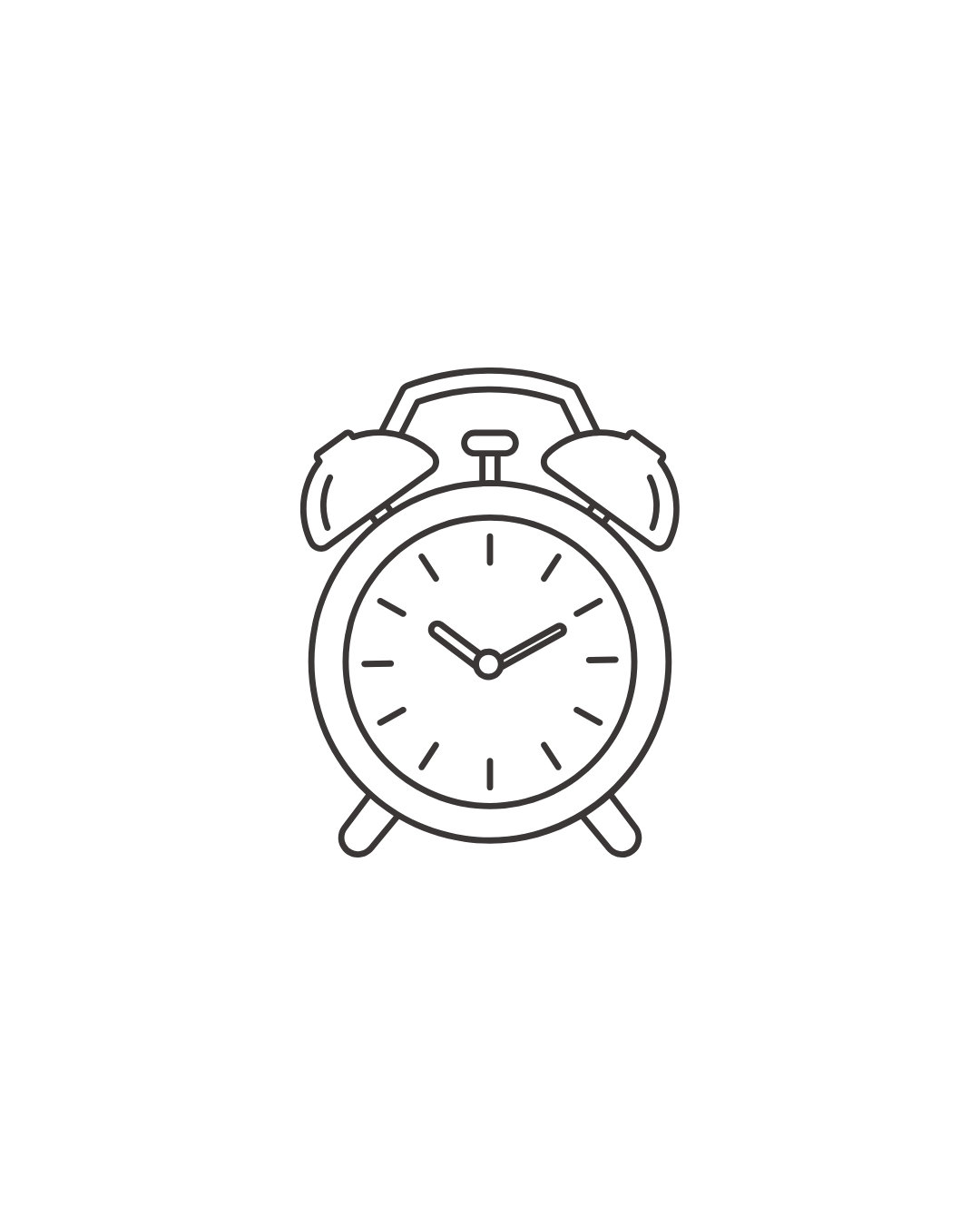 Outline drawing of an alarm clock showing the time as 10:10.