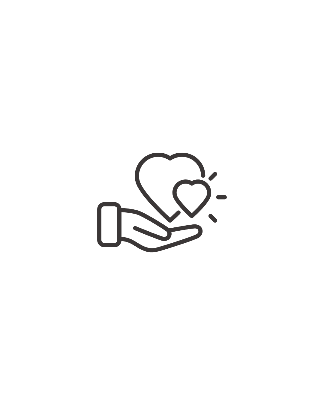 Outline of a hand holding two hearts, one larger and one smaller, symbolizing care or love.