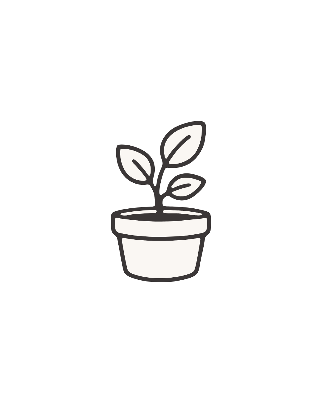 Simple black and white illustration of a plant with three leaves growing in a small pot.