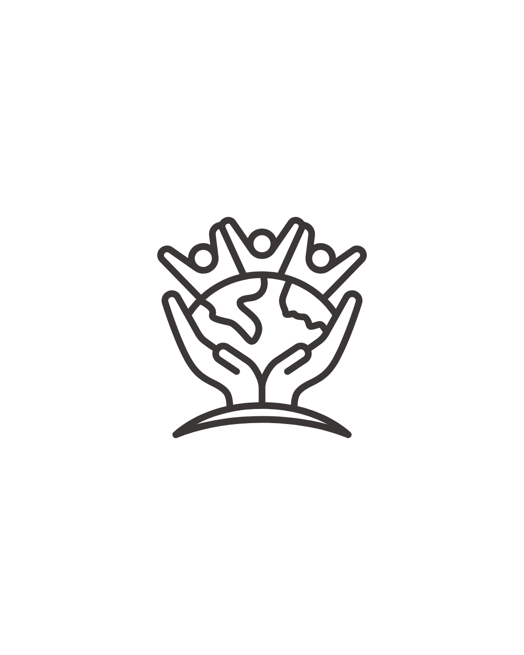 Outline illustration of a globe held by two hands with three stylized human figures with raised arms above it, symbolizing global unity and support.