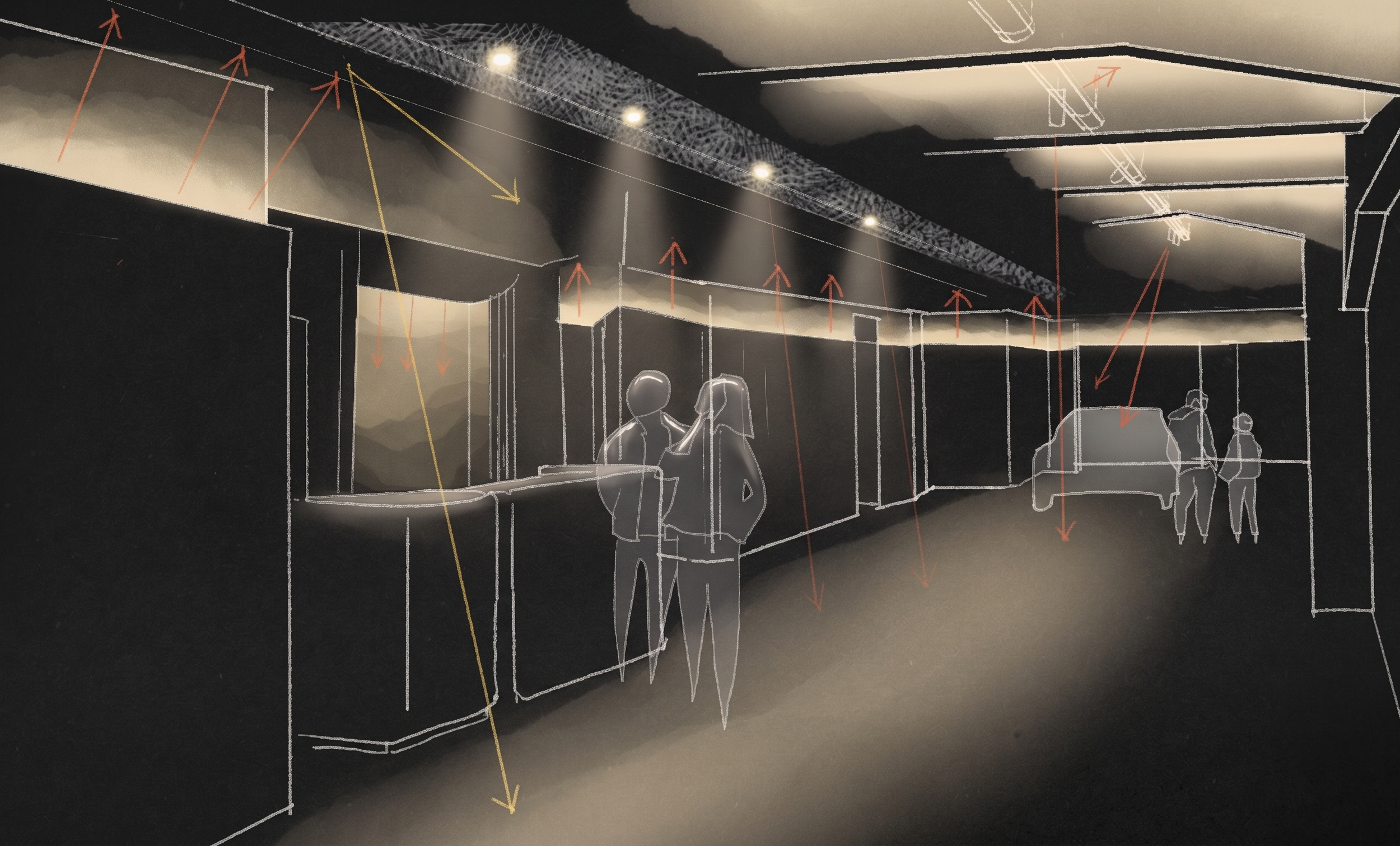 Architectural sketch showing bespoke lighting layout, fixture placement, and spatial interaction