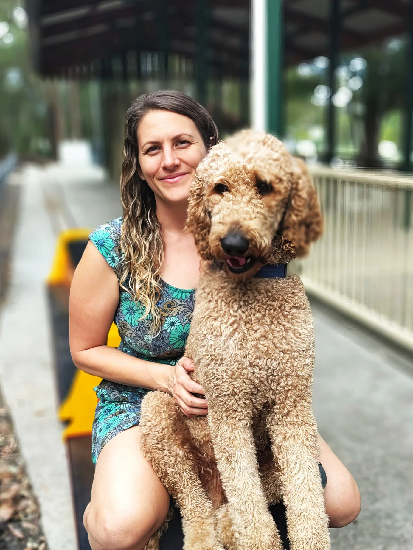 Cassy Abbey, trauma-informed counsellor on the Gold Coast, with her dog Mellow