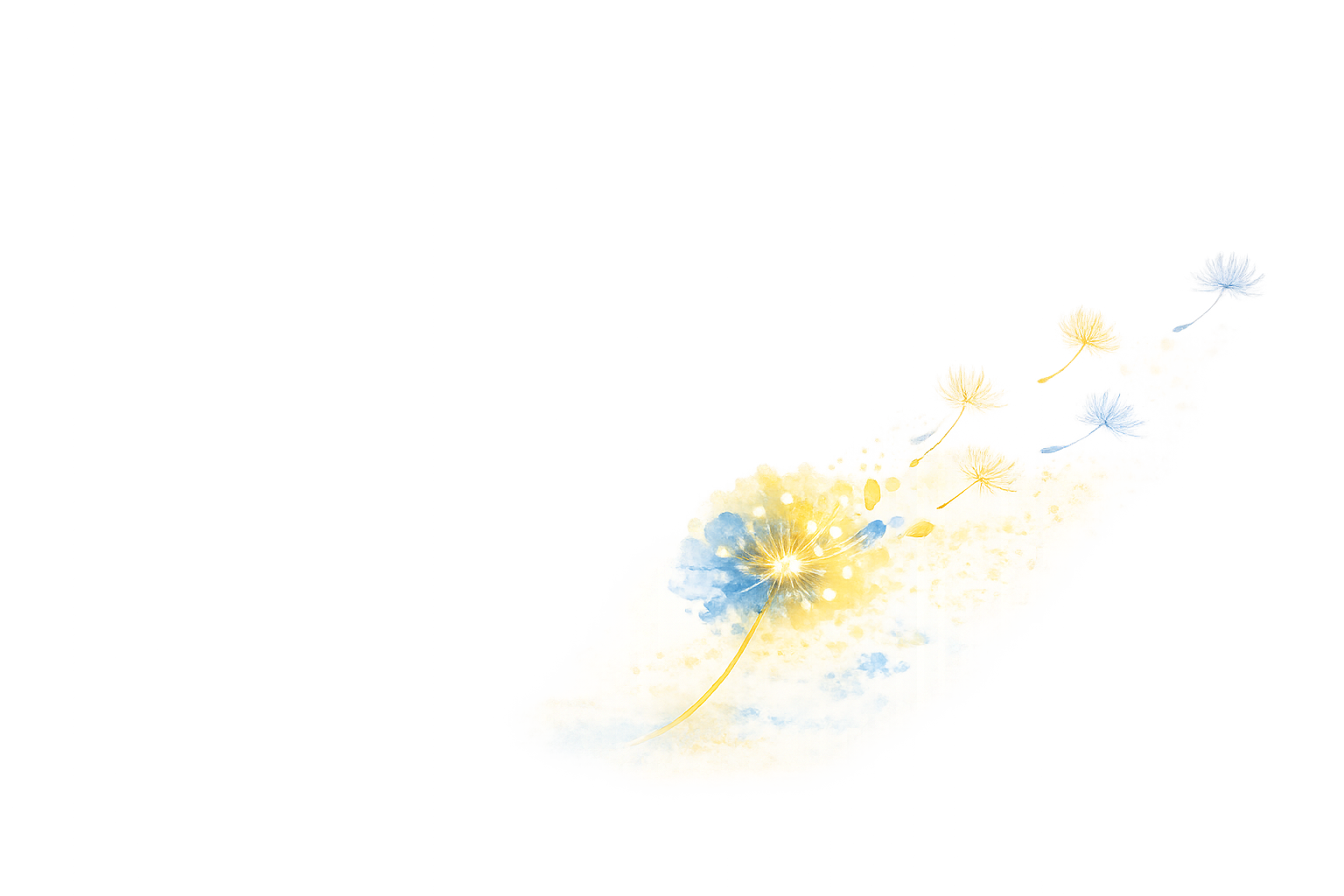 Abstract artwork featuring dandelion flowers in pastel colors, some blowing in the wind, with a bright central burst of light.