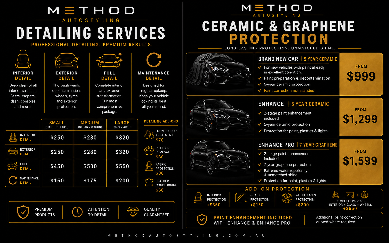 Advertisement for Method Autostyling detailing services and ceramic & graphene protection. Includes pricing for interior, exterior, full detailing, and maintenance, with add-on protection options. Features images of black Mercedes-Benz cars and pricing details.