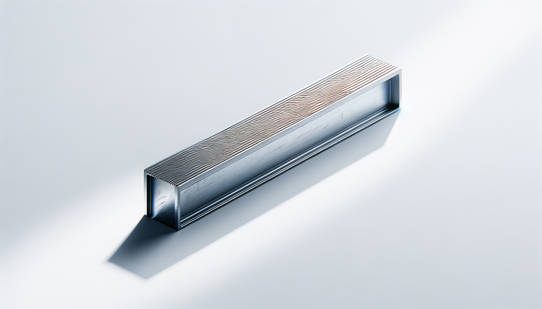 A metal rectangular hollow tube with a textured top surface, casting a shadow on a white surface.