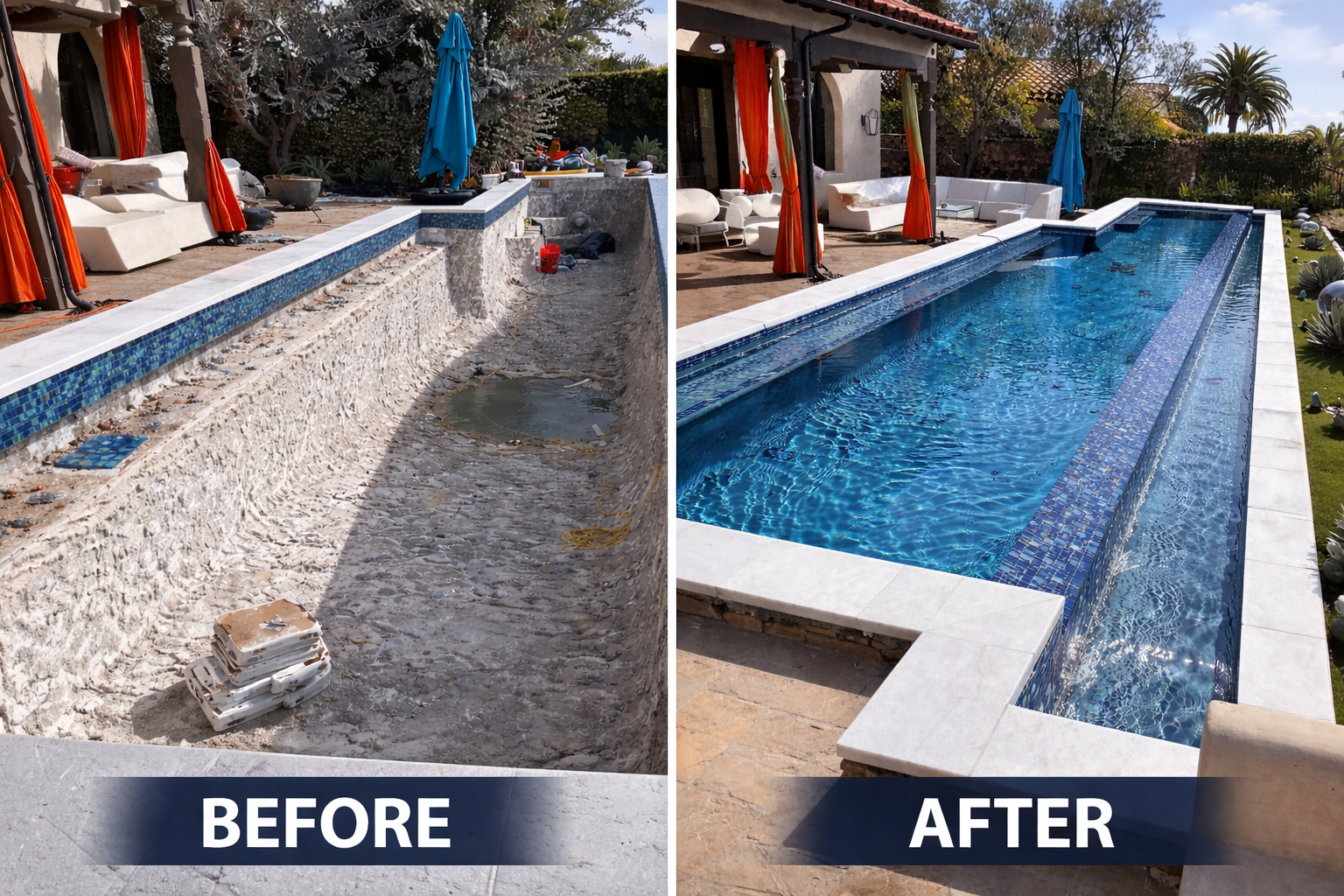 Side-by-side comparison of a backyard swimming pool renovation, showing a before image of an empty, under-construction pool with exposed rough concrete surfaces and construction materials, and an after image of a fully completed, blue tiled pool with water, surrounded by outdoor furniture and a landscaped yard.