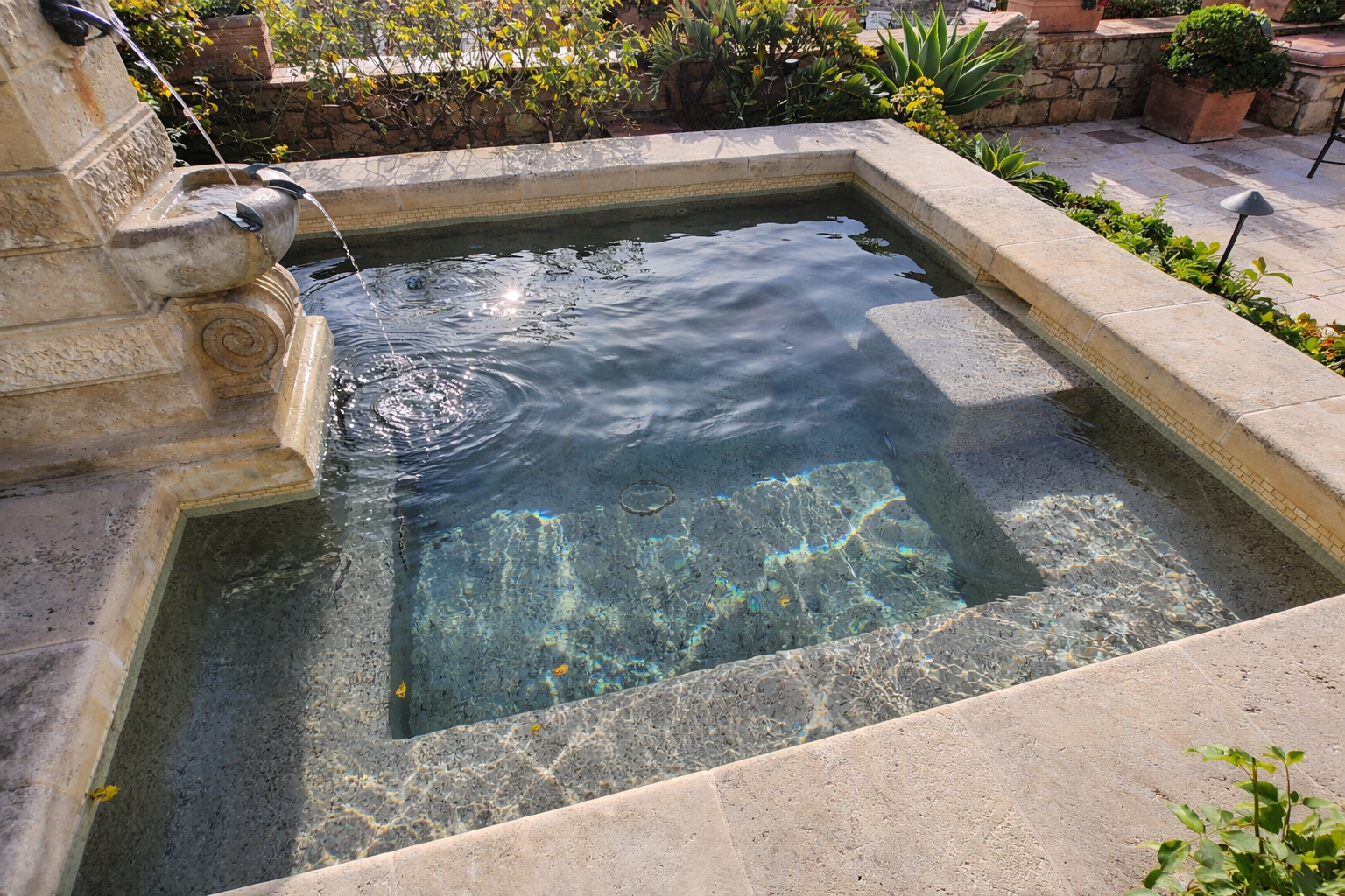 A rectangular outdoor stone fountain with water cascading from a decorative spout, surrounded by a stone patio and greenery, including potted plants and flowering shrubs.