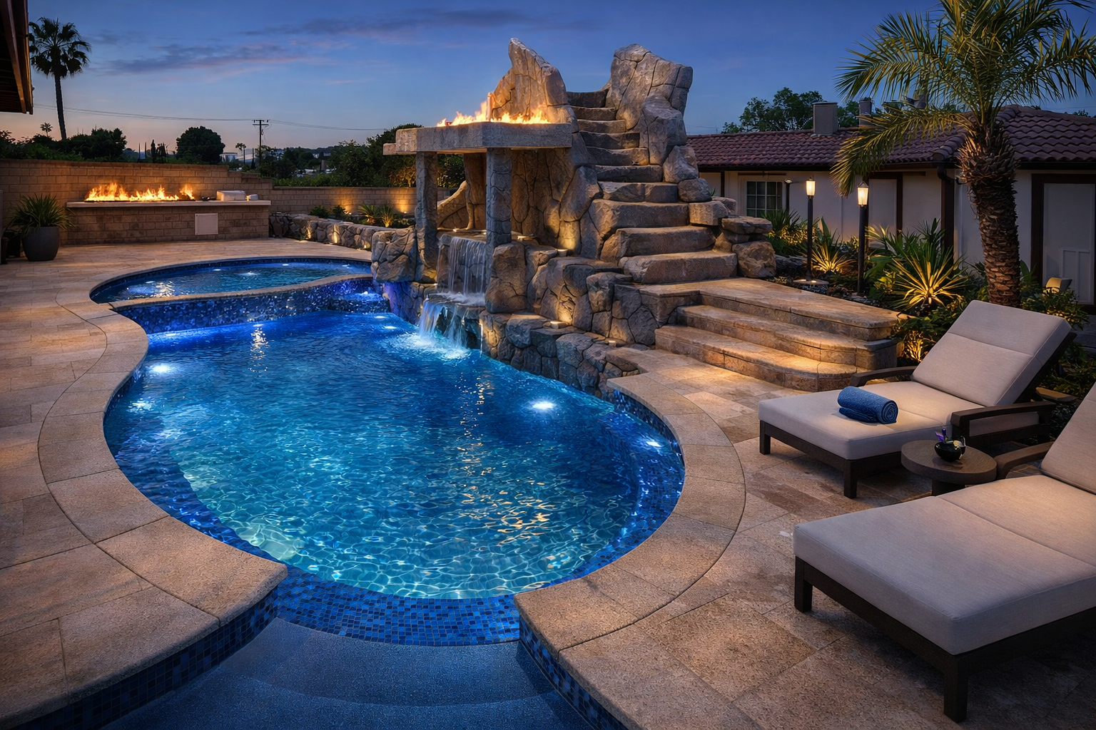 Nighttime view of a luxurious backyard with a swimming pool, waterfall feature, fire pit, lounge chairs, and tropical plants.