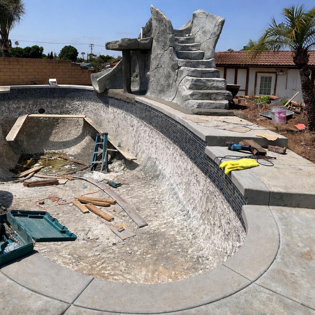 Under construction swimming pool with a rock climbing feature and stairs, surrounded by tools and construction materials.