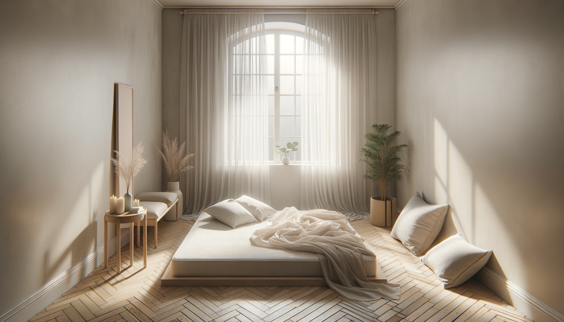 Minimalist bedroom with a low bed on the floor, white bedding, and pillows, illuminated by sunlight through a large arched window with sheer curtains, decorated with potted plants and minimal decor.