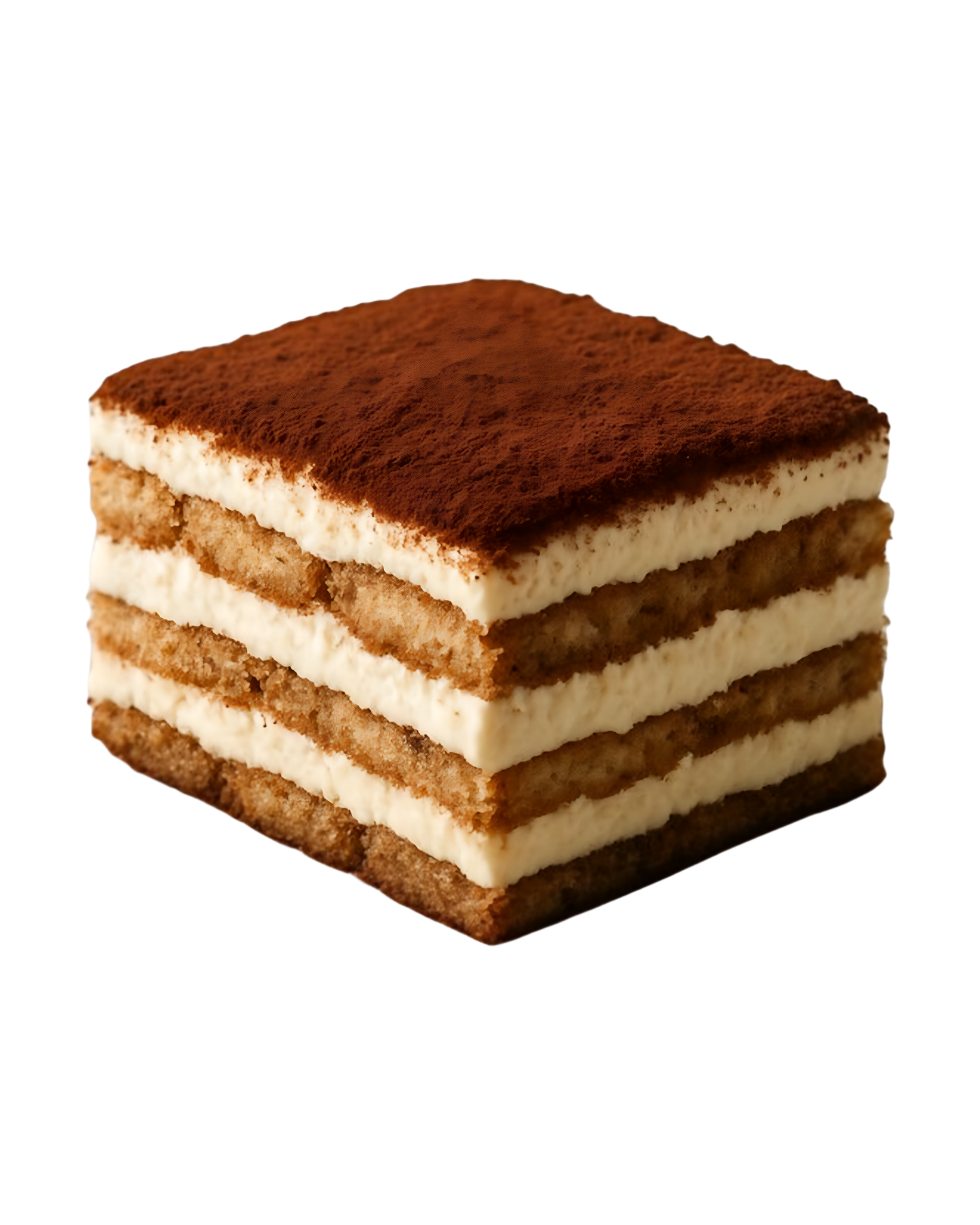 Close-up of a slice of tiramisu with layers of coffee-soaked ladyfingers, mascarpone cheese, and cocoa powder on top.