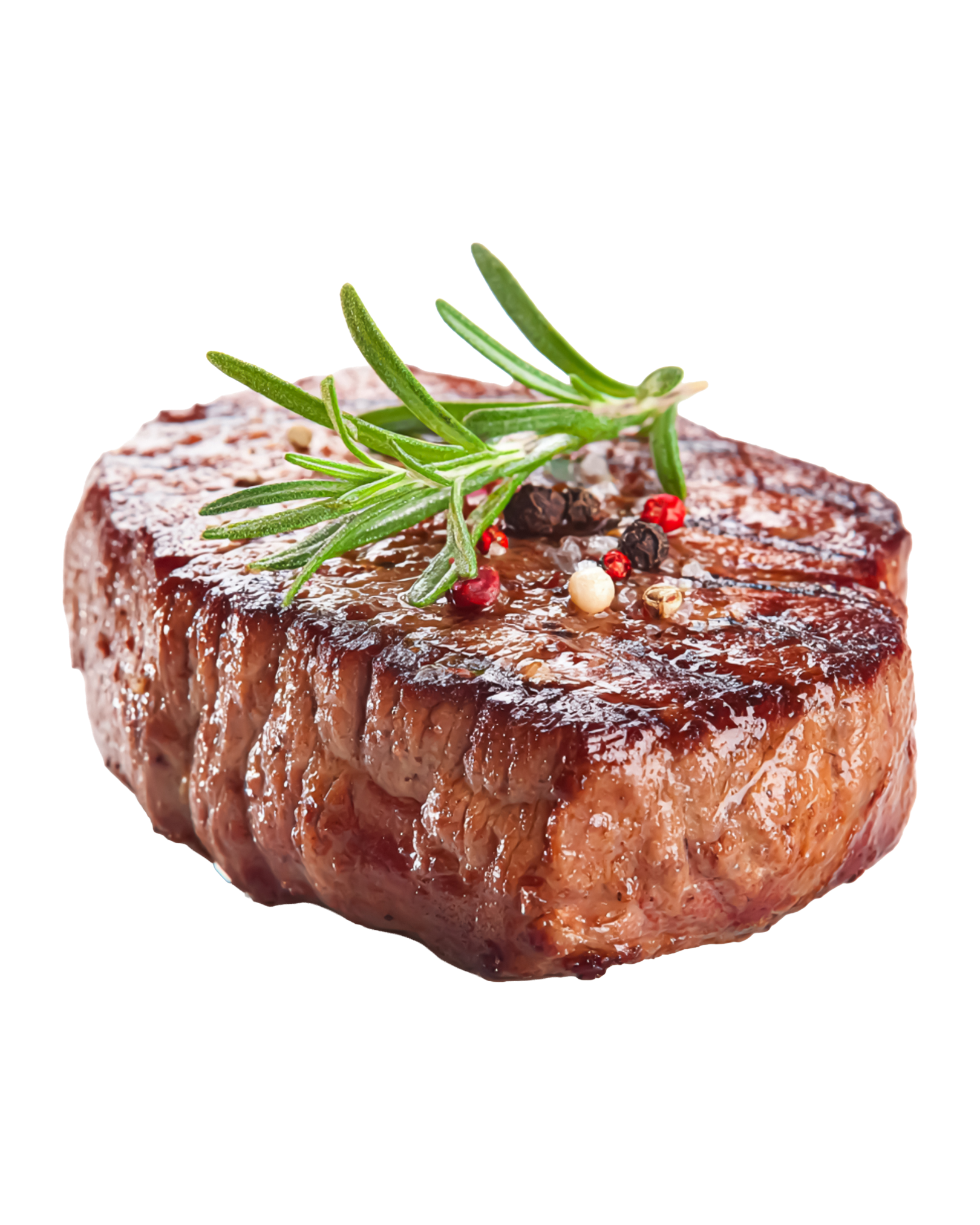 A cooked steak garnished with fresh rosemary sprigs and a few pink peppercorns on top.
