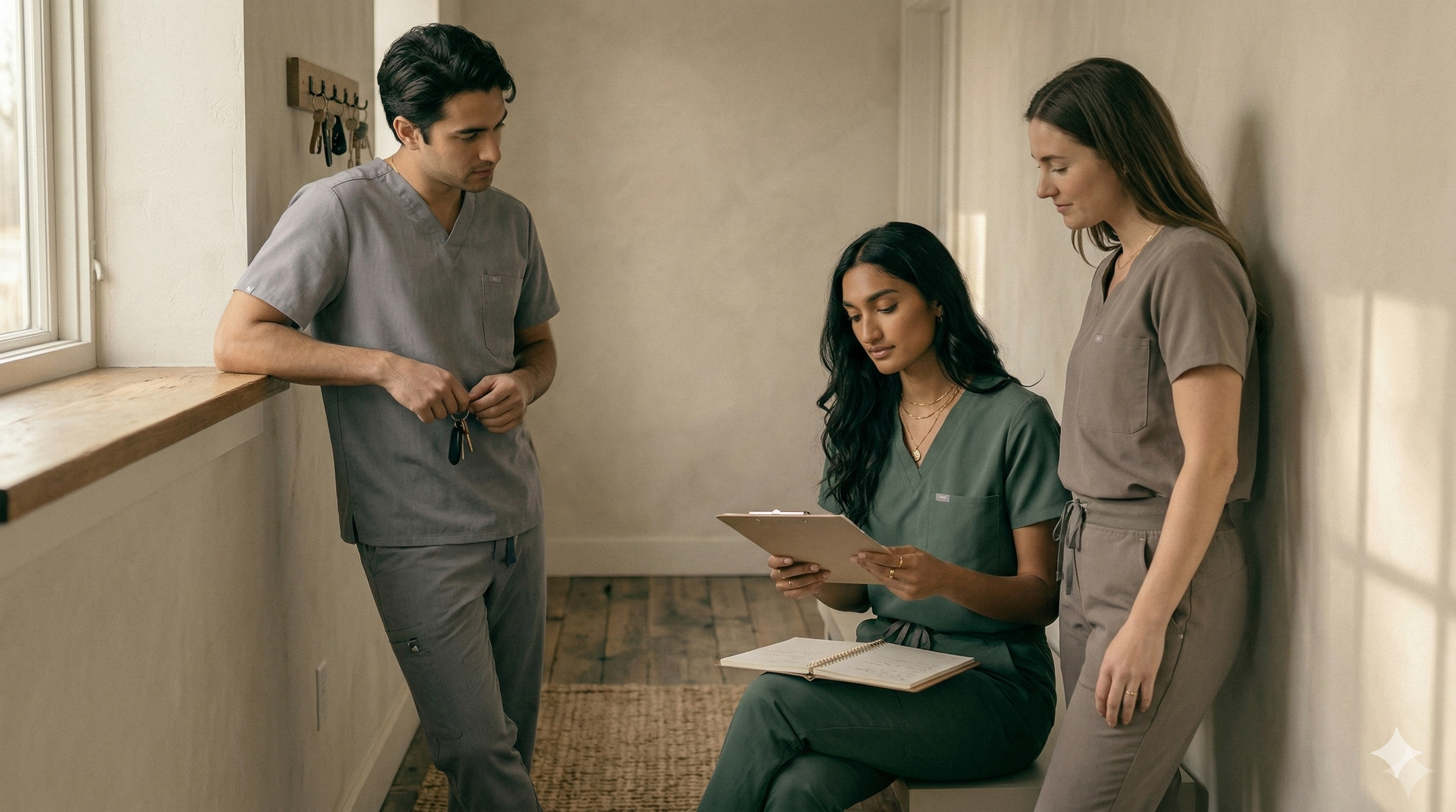 Three medical professionals in scrubs having a discussion in a room, with one seated holding a tablet and notebook, and two standing, one with keys in hand, in a medical setting.