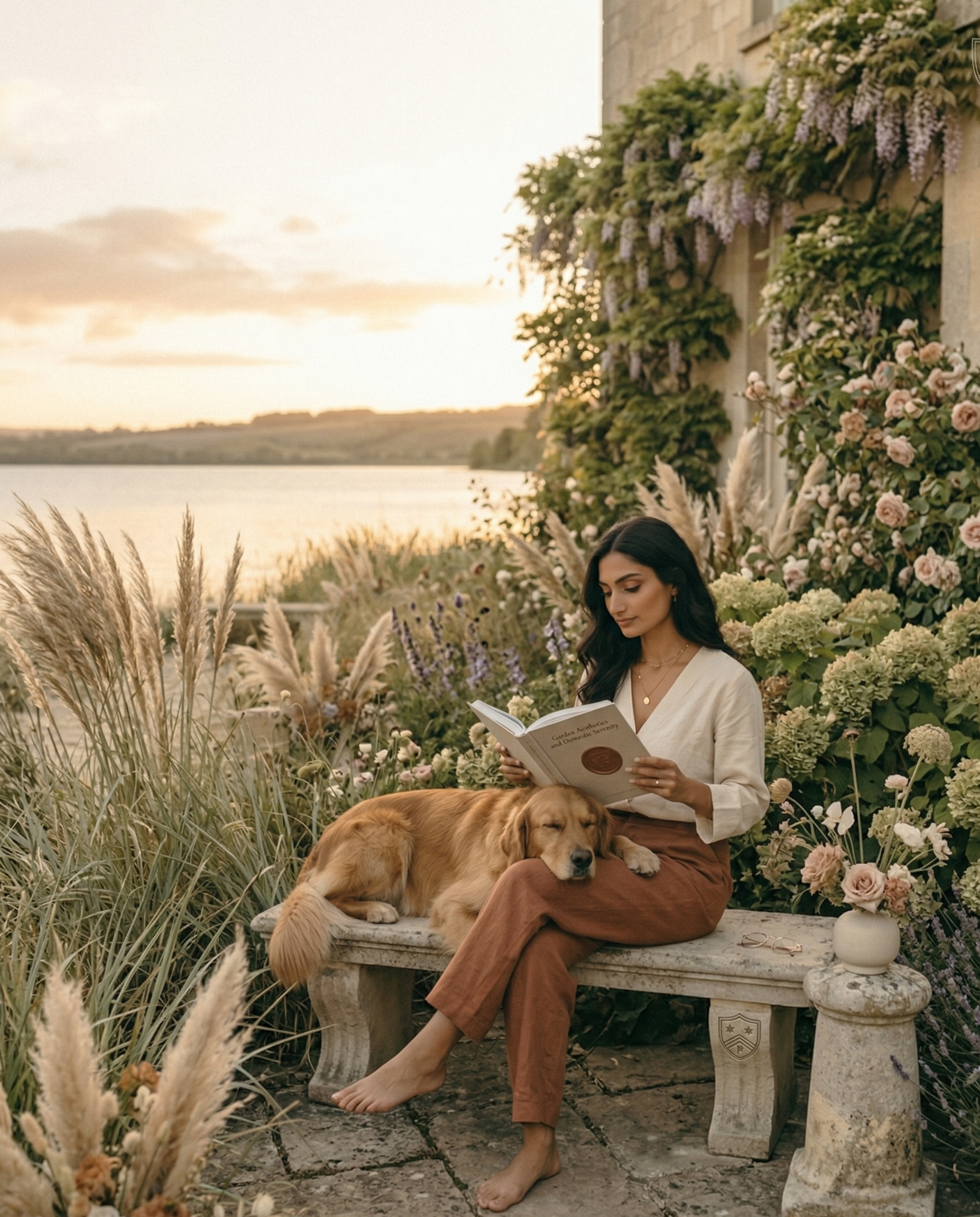 A woman with dark hair, sitting on a stone bench outdoors by a body of water, reading a book. She has a golden retriever dog resting its head on her lap. The scene is decorated with lush flowers and plants, and the sky shows a sunset with soft, warm lighting.
