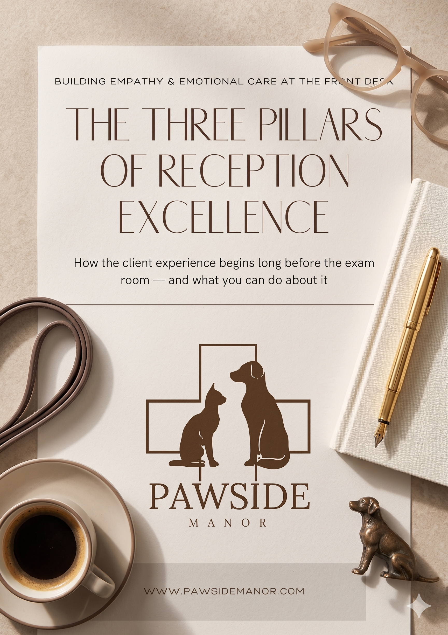 Mockup of Pawside Manor veterinary front desk training guide printed on a neutral desk with coffee and stationery