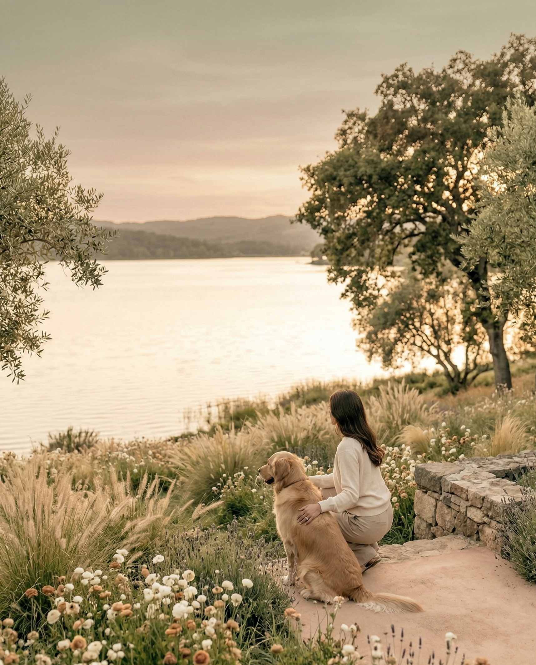 A woman sitting on a pathway near a stone wall by a lake during sunset, petting her golden retriever, surrounded by flowers and trees.