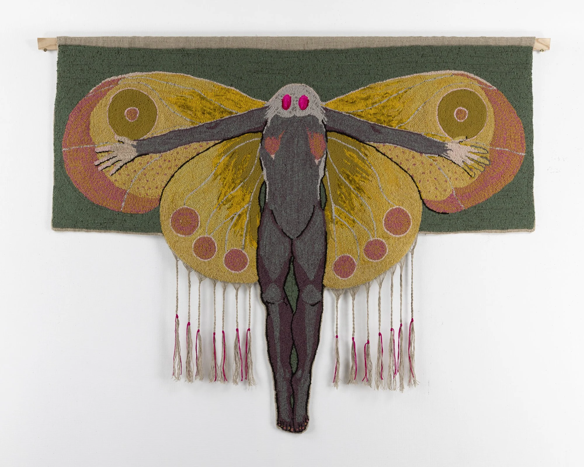Moth Ma'am, 74" W x 54" H, wool on linen, 2026
Hand hooked wall tapestry.