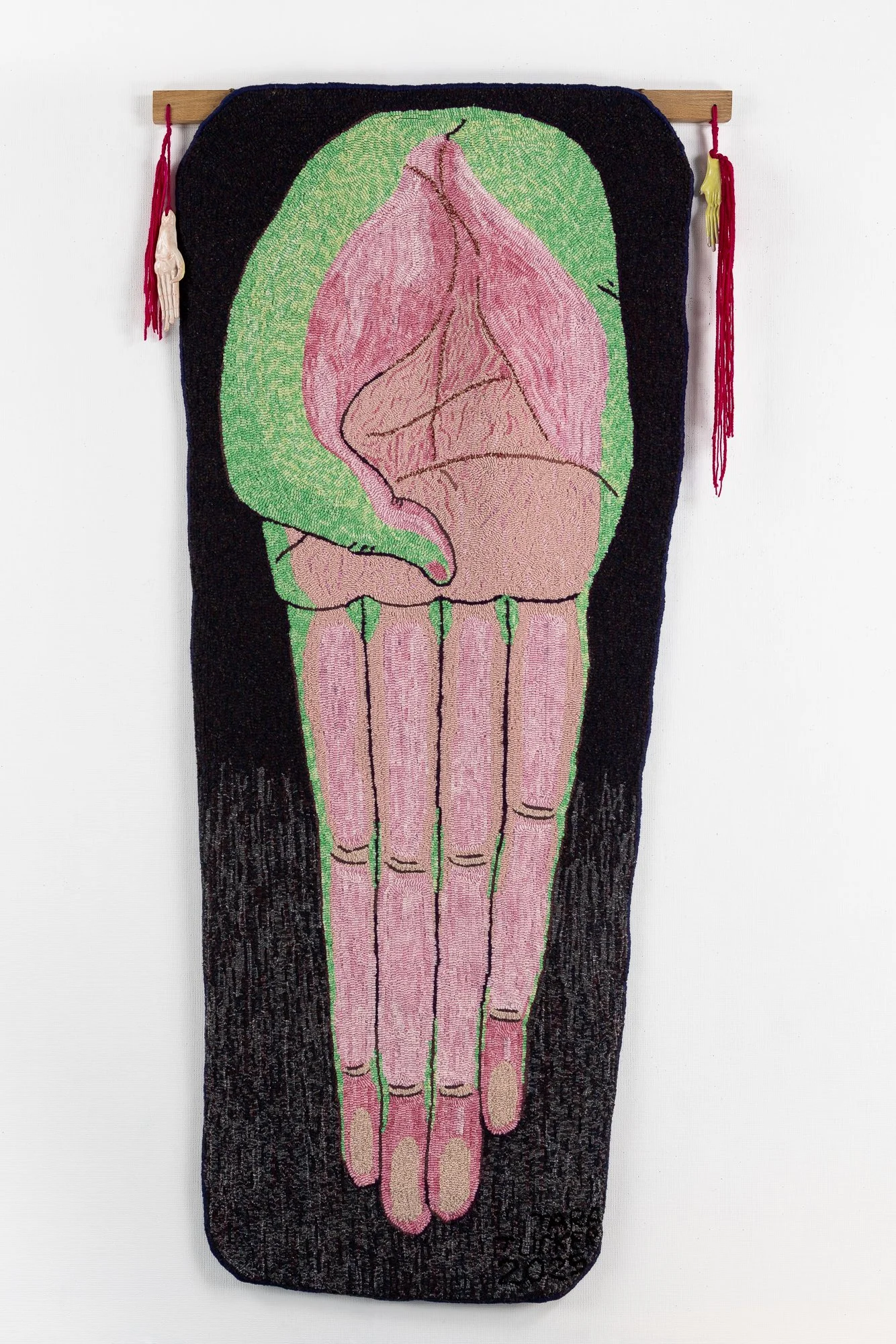Three monkey rule: See no evil, hear no evil, speak no evil, 36.5" W x 77" H, wool on cotton, ceramic hands, 2025-2026  Hand hooked wall tapestry. 