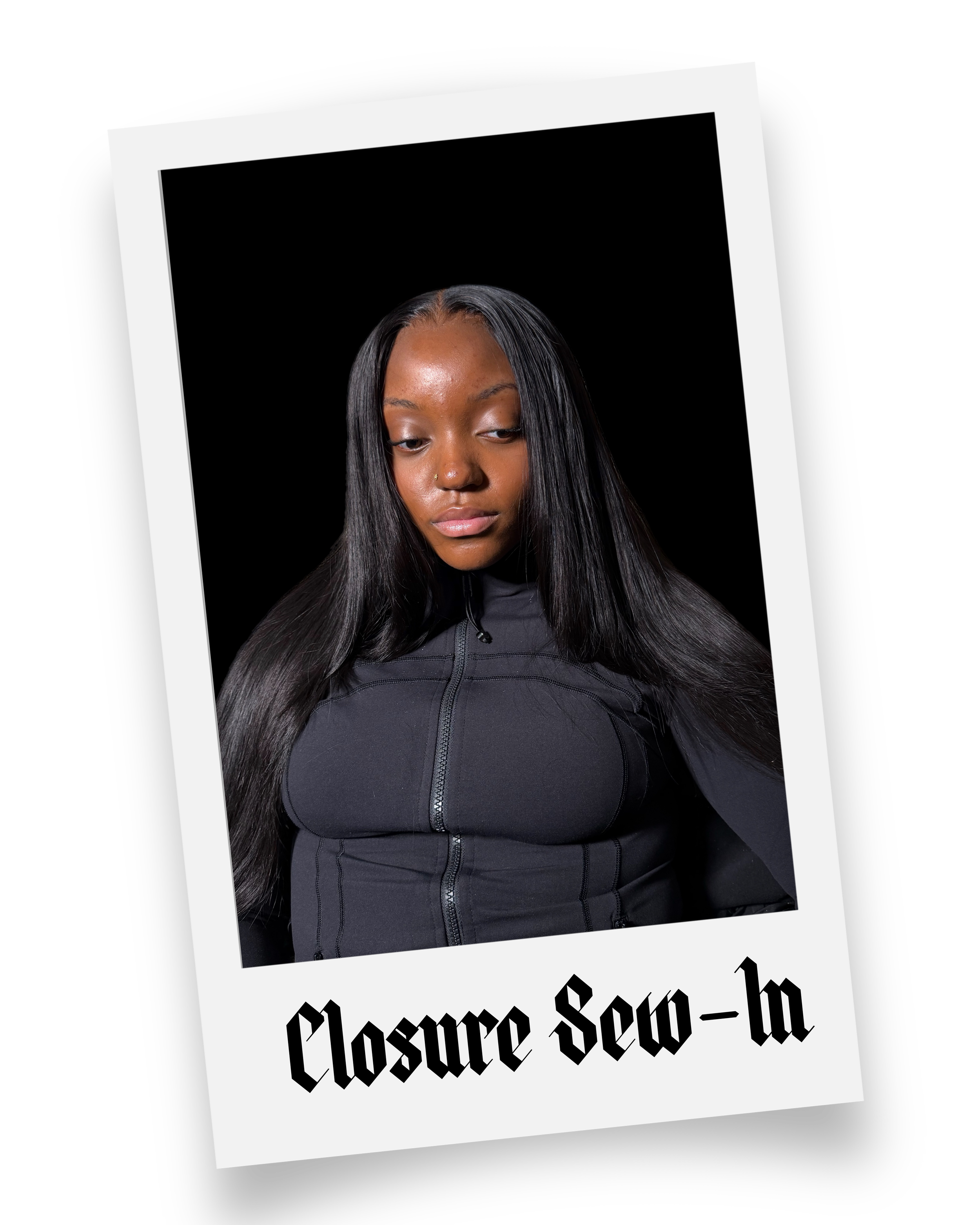A young woman with straight black hair, wearing a black zip-up jacket, looking down, set against a black background with a tilted white photo frame that reads 'Closure Sec-w-la'.