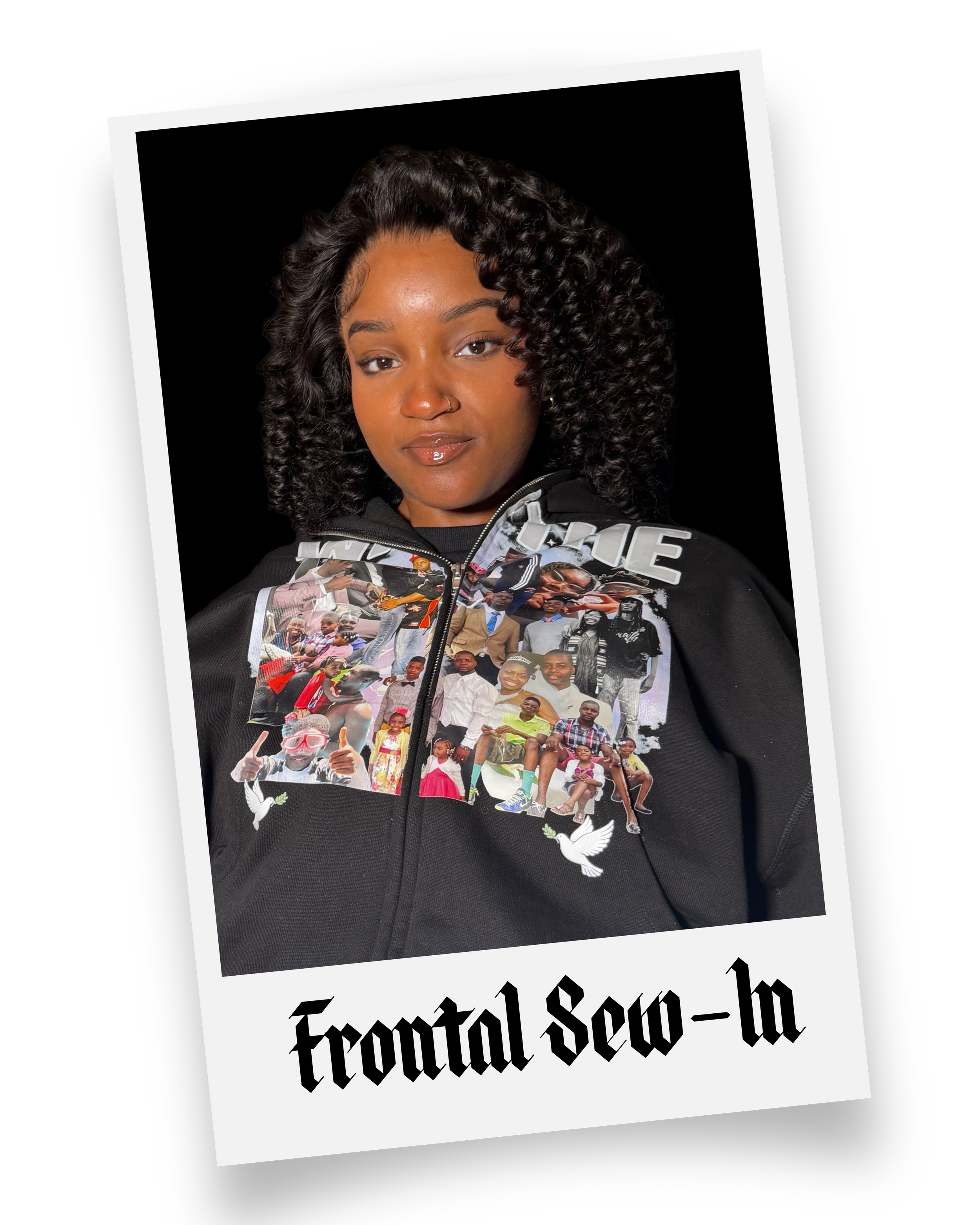 A woman with curly hair and a nose piercing posing against a black background, wearing a black hoodie with a collage of photos and Hashtags on the front, and the text, "Frootal Sew-ha" at the bottom of the image.
