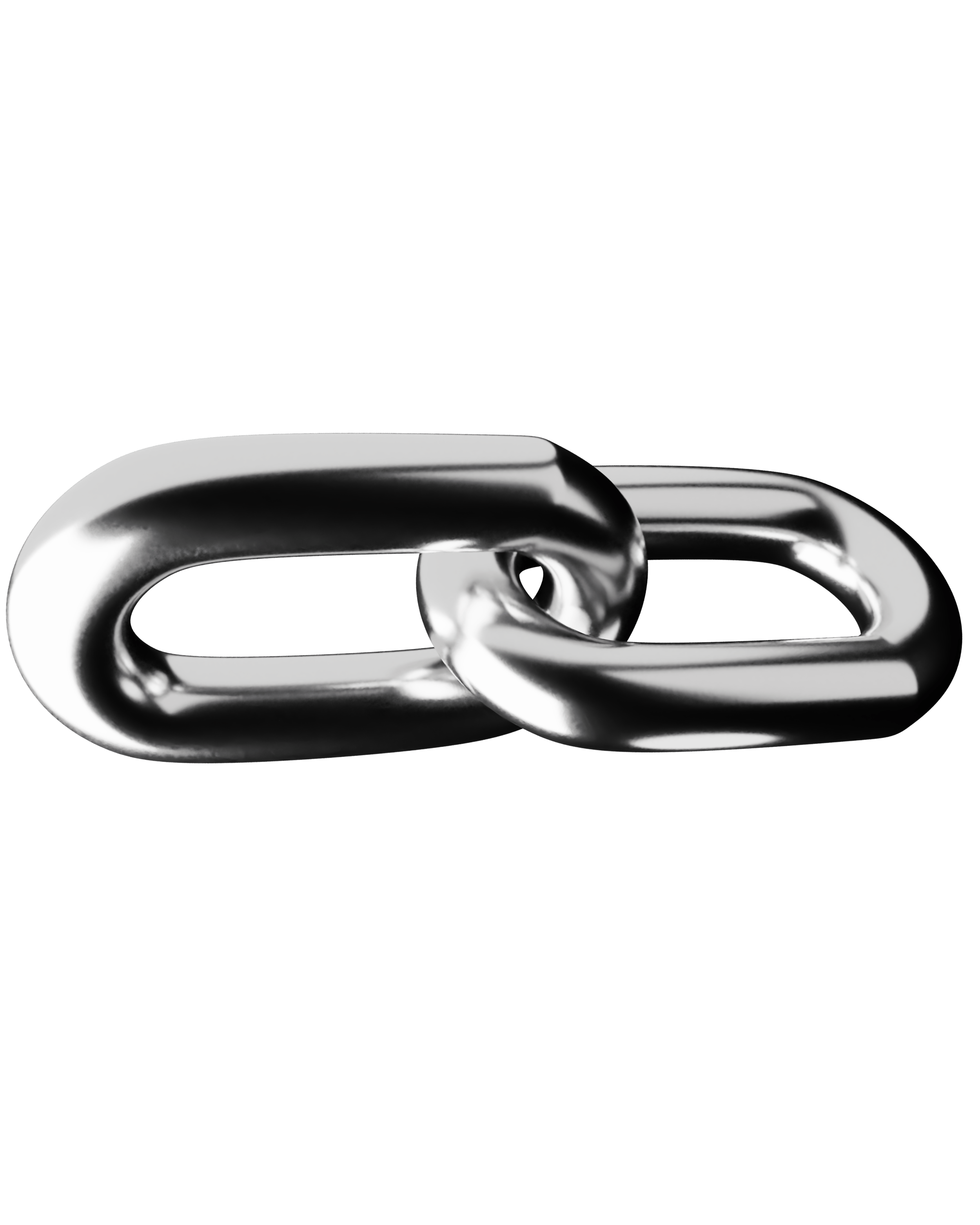 Close-up of two shiny metal links connected in a chain against a black background.
