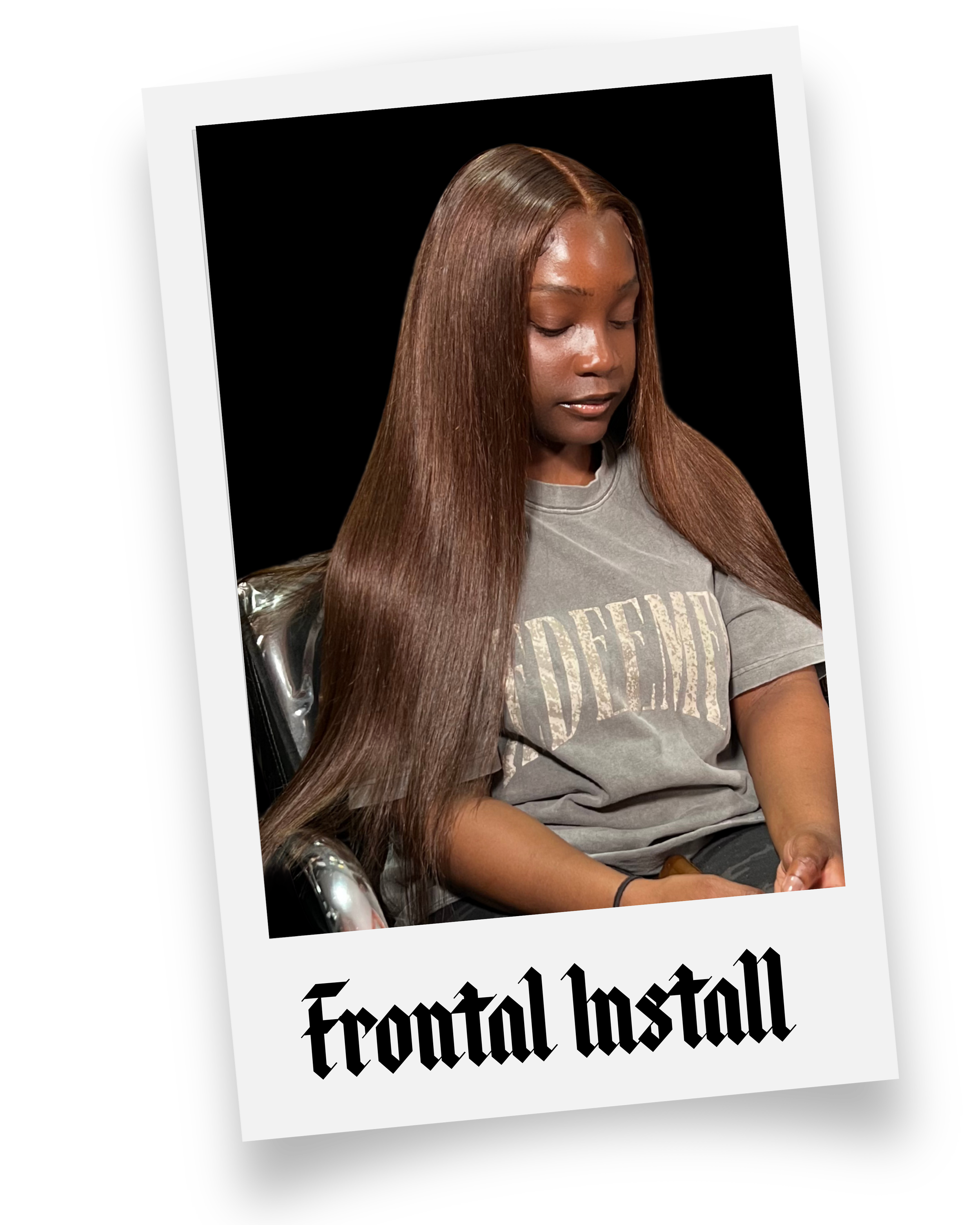 A young woman with long brown hair sits on a chair, looking down, wearing a gray T-shirt with partially visible text. The photo is stylized as a Polaroid with a black background and has the text 'frontal install' at the bottom.