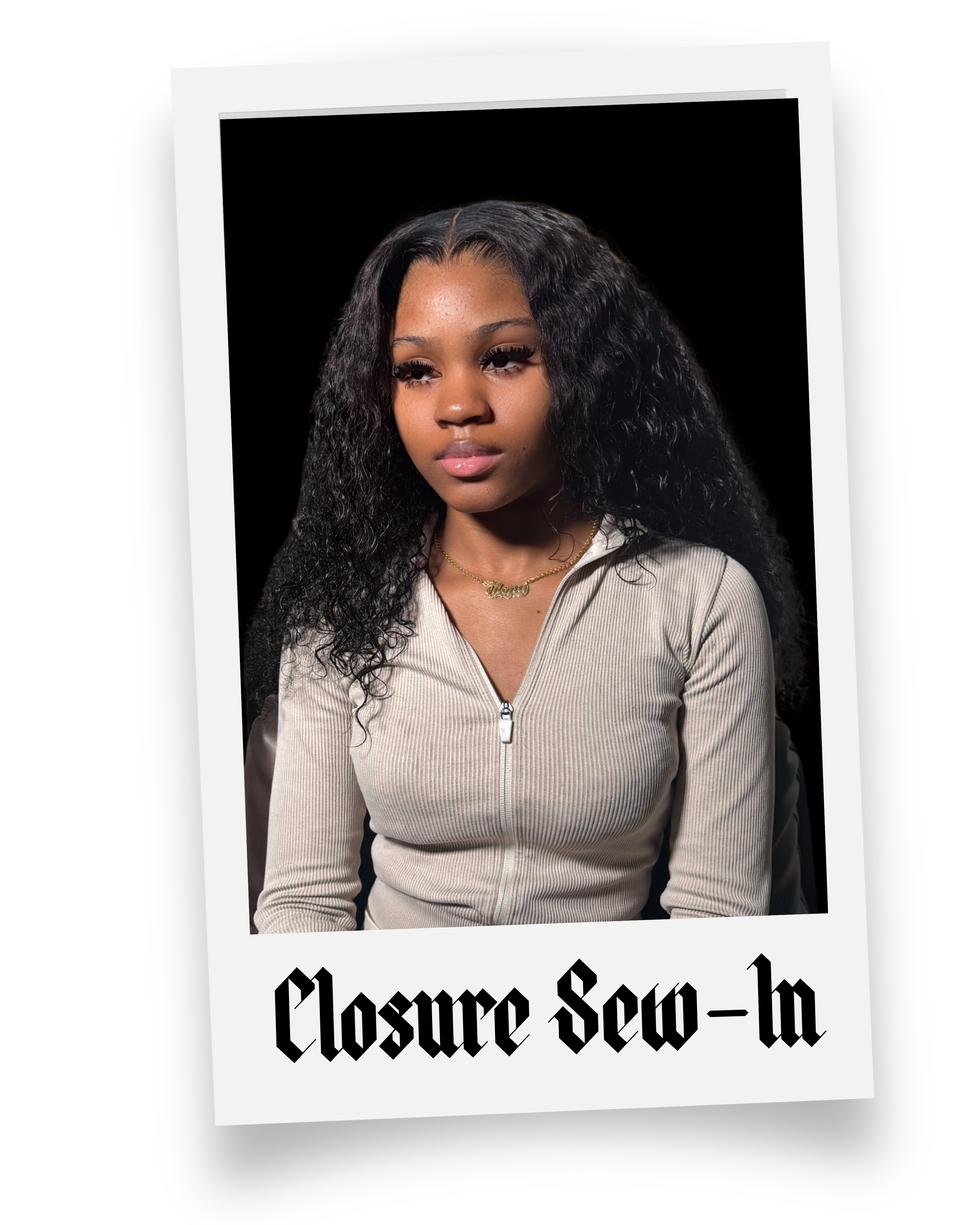 A young woman with long, curly black hair wearing a beige, zip-up top and gold necklace, sitting against a black background with a white border that has the words "Closure Sewa" written in black Gothic script.