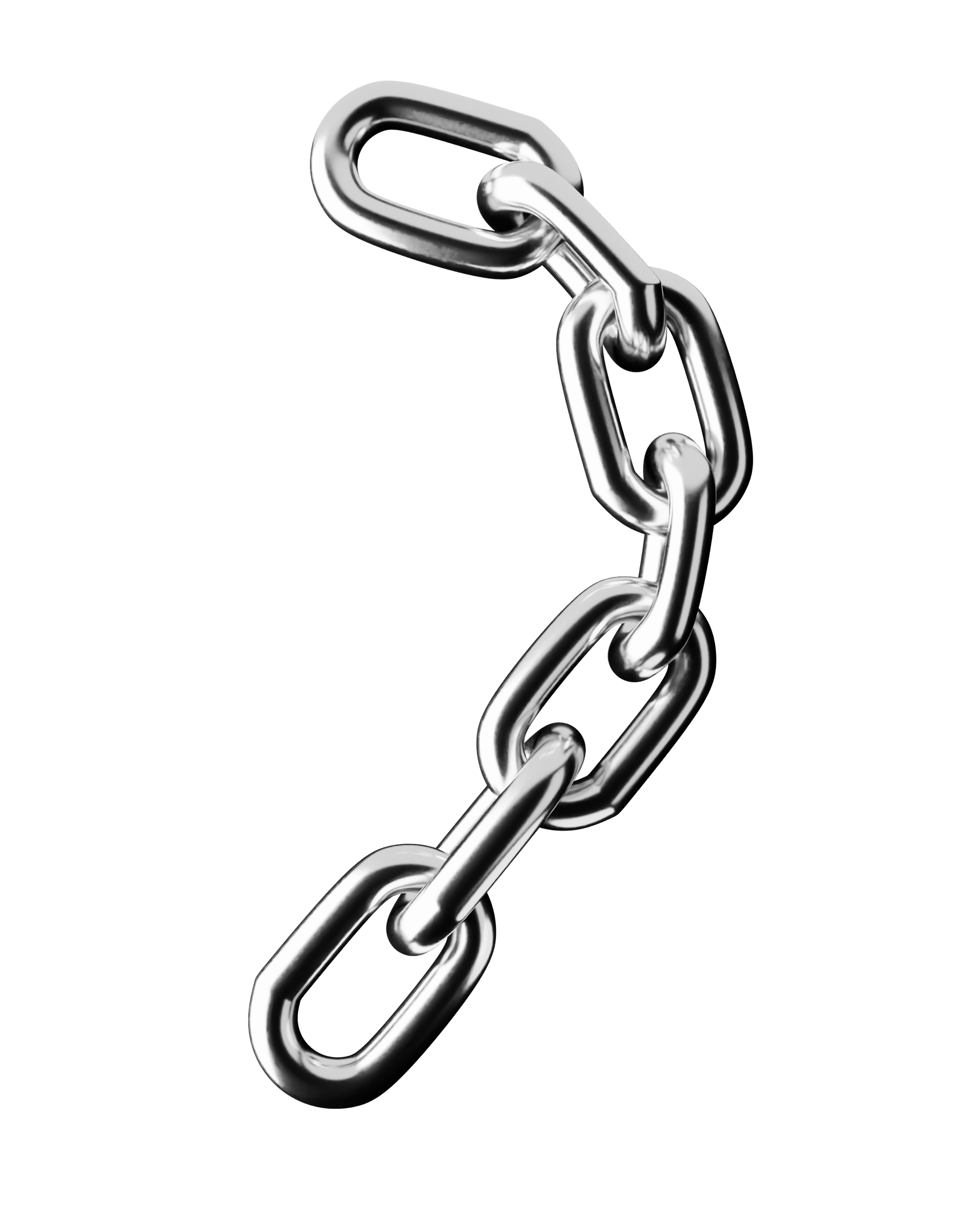 A close-up of a metal chain with shiny interconnected links against a black background.