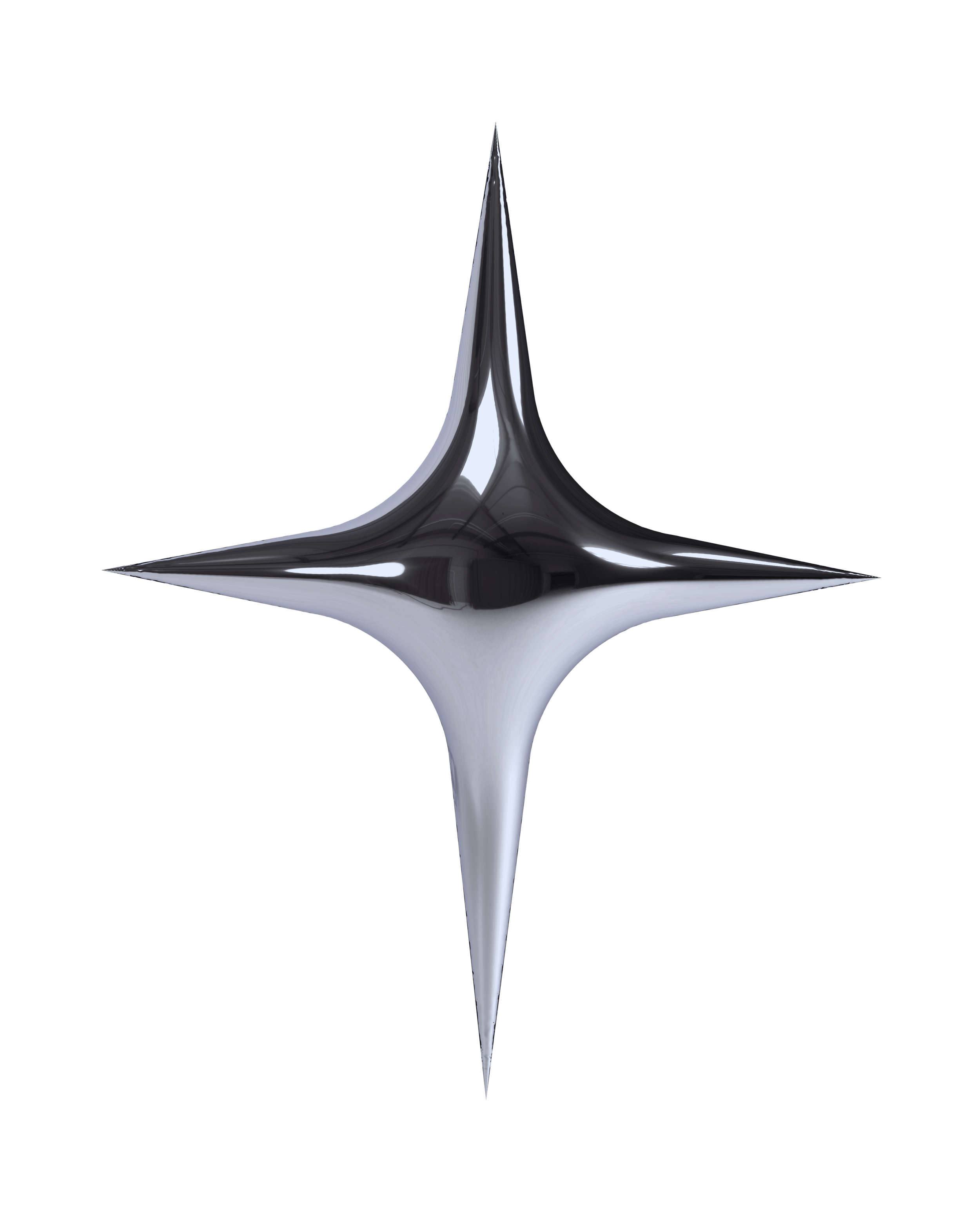 A metallic, three-dimensional star-shaped logo with four elongated points against a black background.