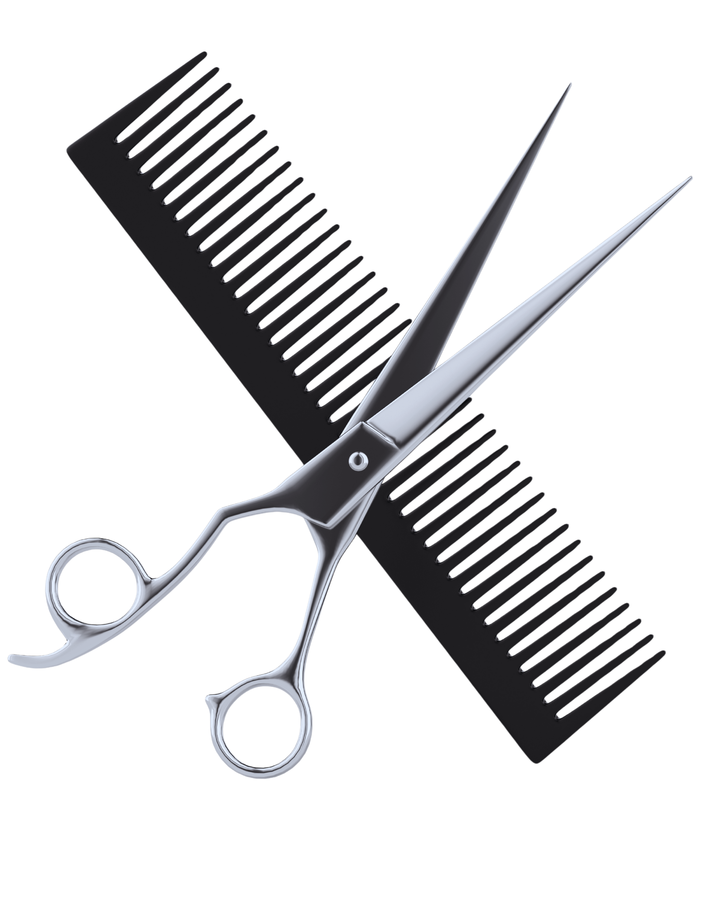 A pair of hair scissors with a sleek metallic finish, positioned over a black and blue comb.