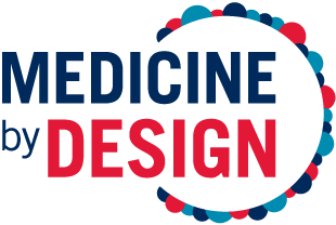 Logo for Medicine by Design with stylized circular DNA strand around the text.