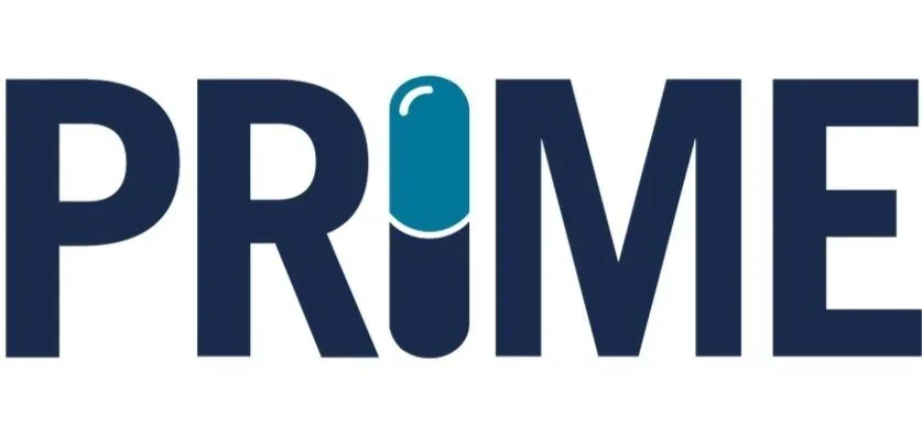 Logo with the word 'PRIME' where the letter 'I' is depicted as a blue and black capsule pill.