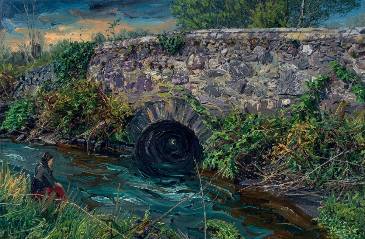 Stylized image of a small stone bridge in County Clare, based on a digital photograph.