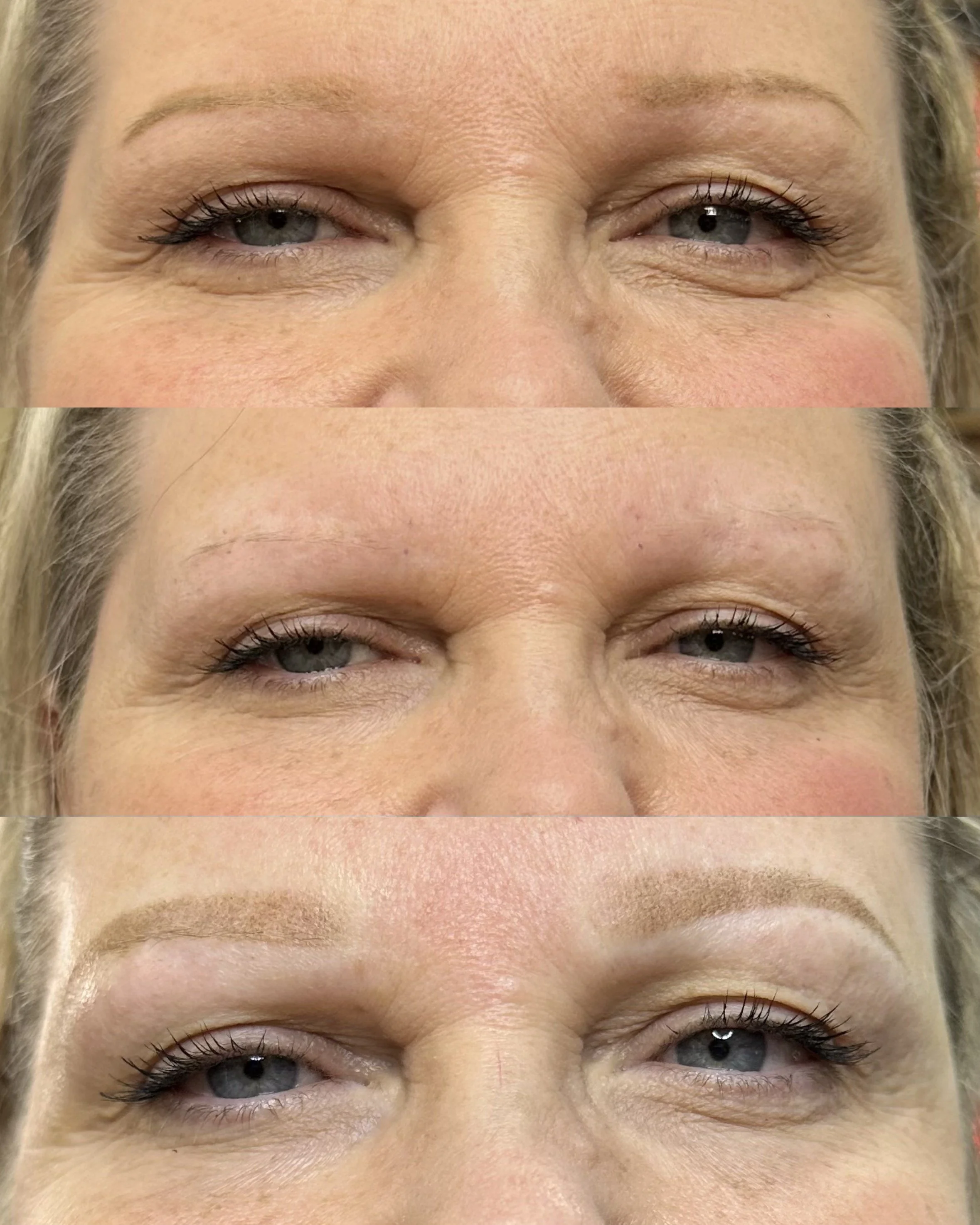 Close-up of a woman's face showing three sets of eye close-ups focusing on her eye area, eyebrows, and eyelashes.