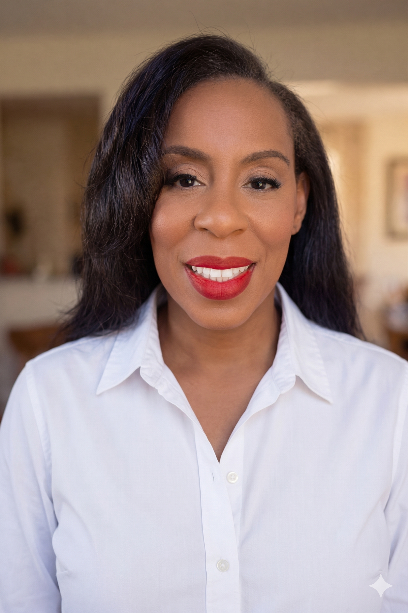 A smiling woman with dark hair, wearing a white button-up shirt, indoors with a blurred background.
