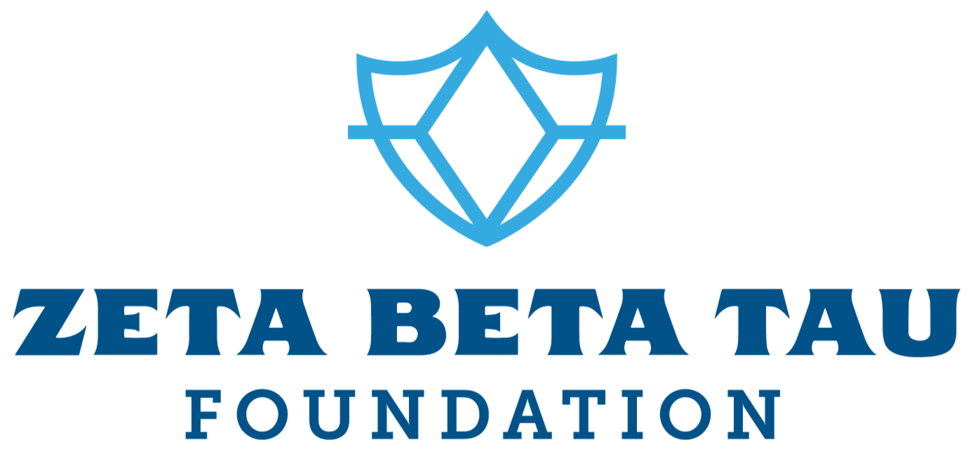 Logo of Zeta Beta Tau Foundation featuring a blue shield with a diamond and a star.