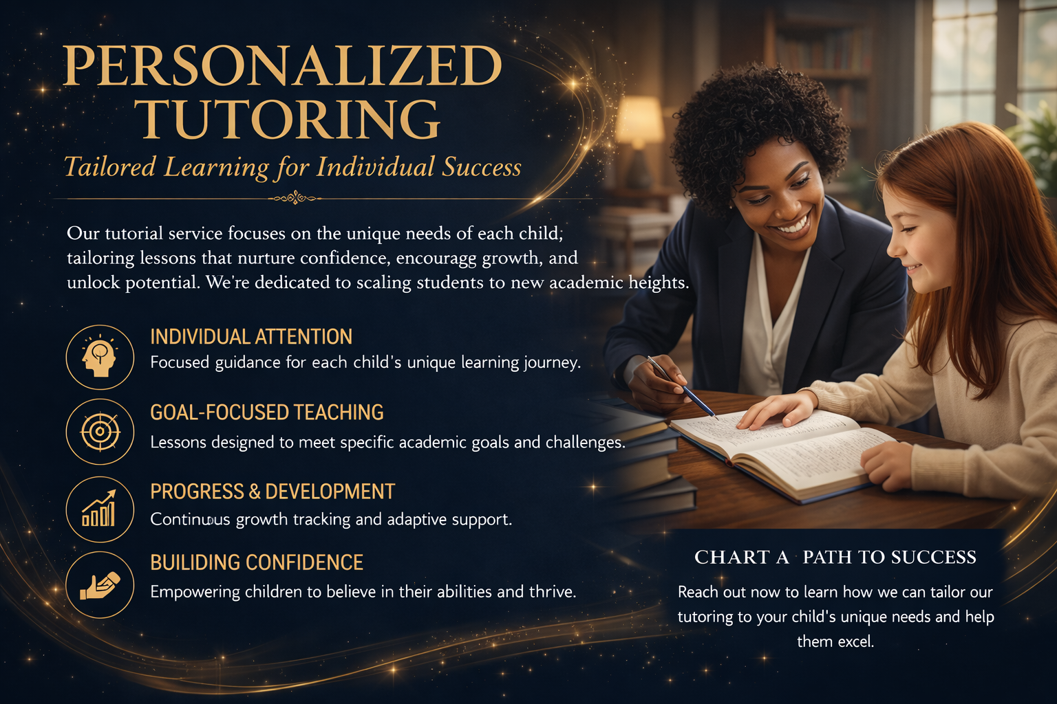 A promotional image for personalized tutoring services showing a teacher and a young student smiling while reviewing a book at a desk. The background is decorated with stars and golden sparkles. Text on the left highlights features like individual attention, goal-focused teaching, progress and development, and building confidence, with a call to action to learn more about tailored tutoring.