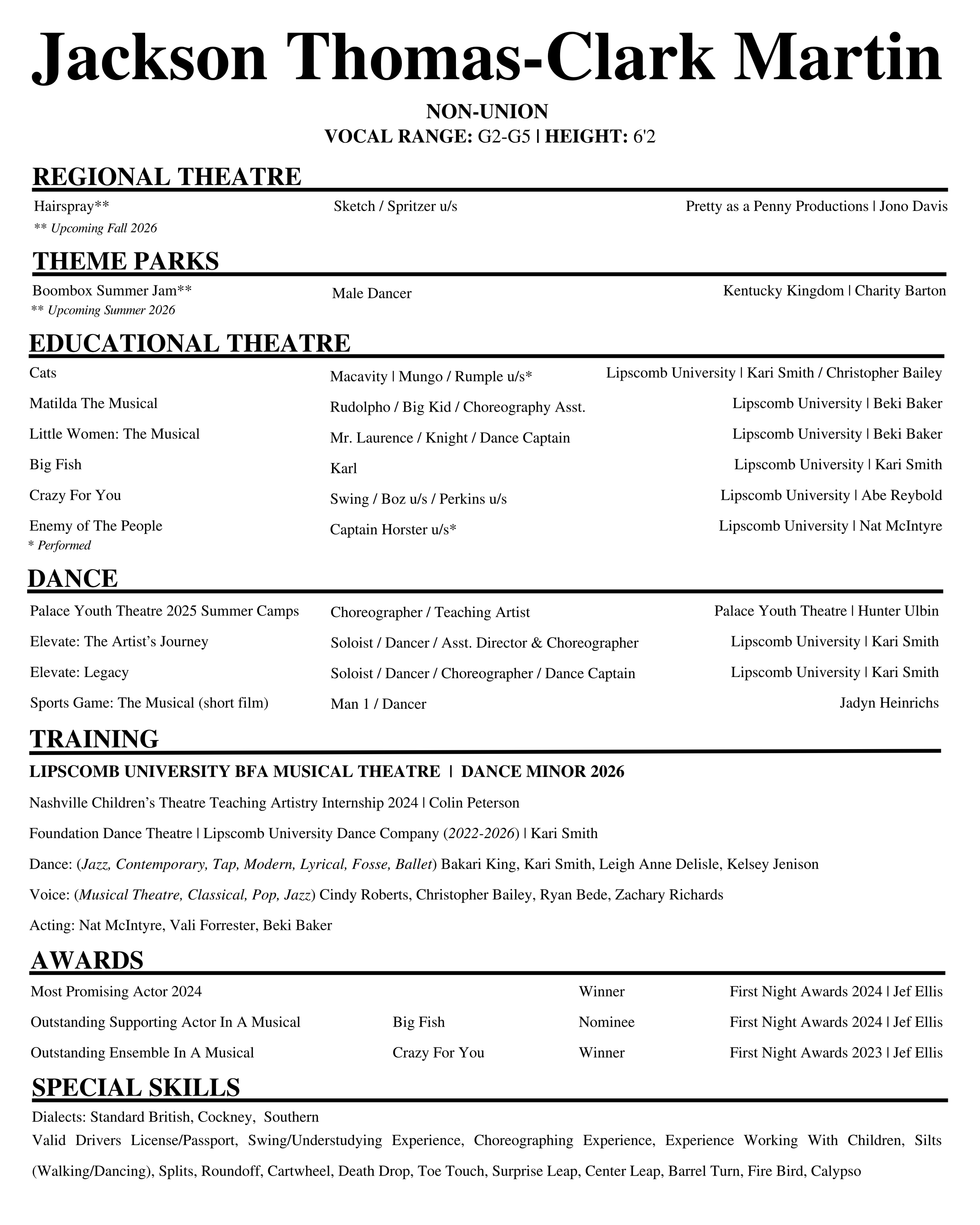 A printed schedule or program listing various performances, awards, and special skills for a theater or dance production, organized into sections with bold headings.