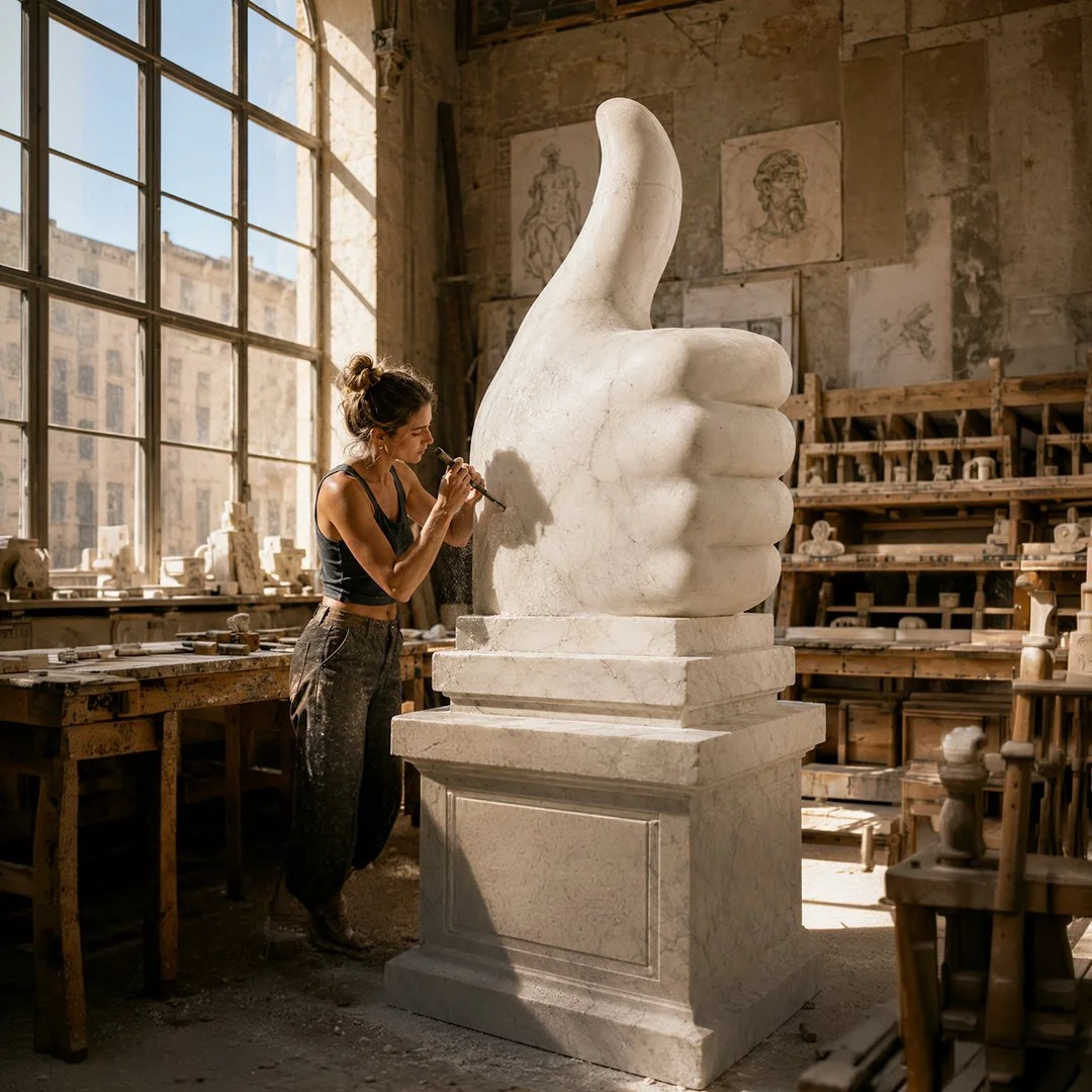 A woman working on a large marble sculpture of a thumbs-up hand in an artist's studio with wooden shelves and sketches in the background.