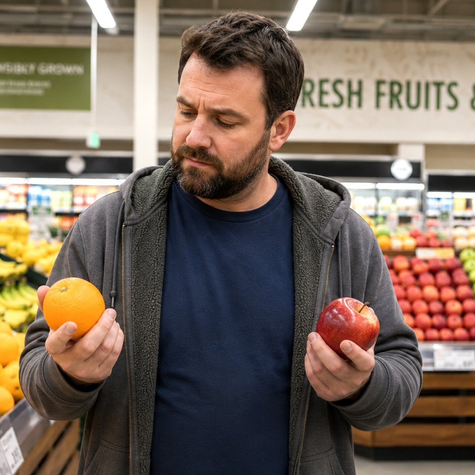 Man shopping in grocery store holding an orange and an apple, with produce section and sign reading 'Fresh Fruits' in background.