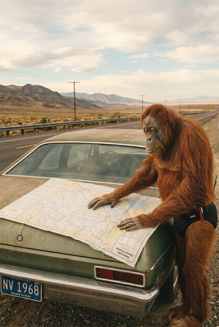 An orangutan with long reddish-brown hair is looking at a map spread out on the hood of an old green car on the side of a desert highway.