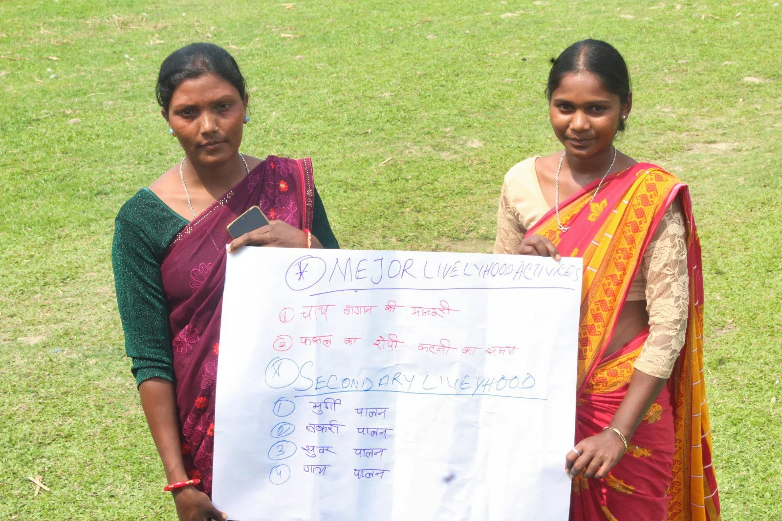 Two women in sarees standing outdoors on green grass, holding a whiteboard with handwritten text in Hindi and English about better and secondary livelihoods.