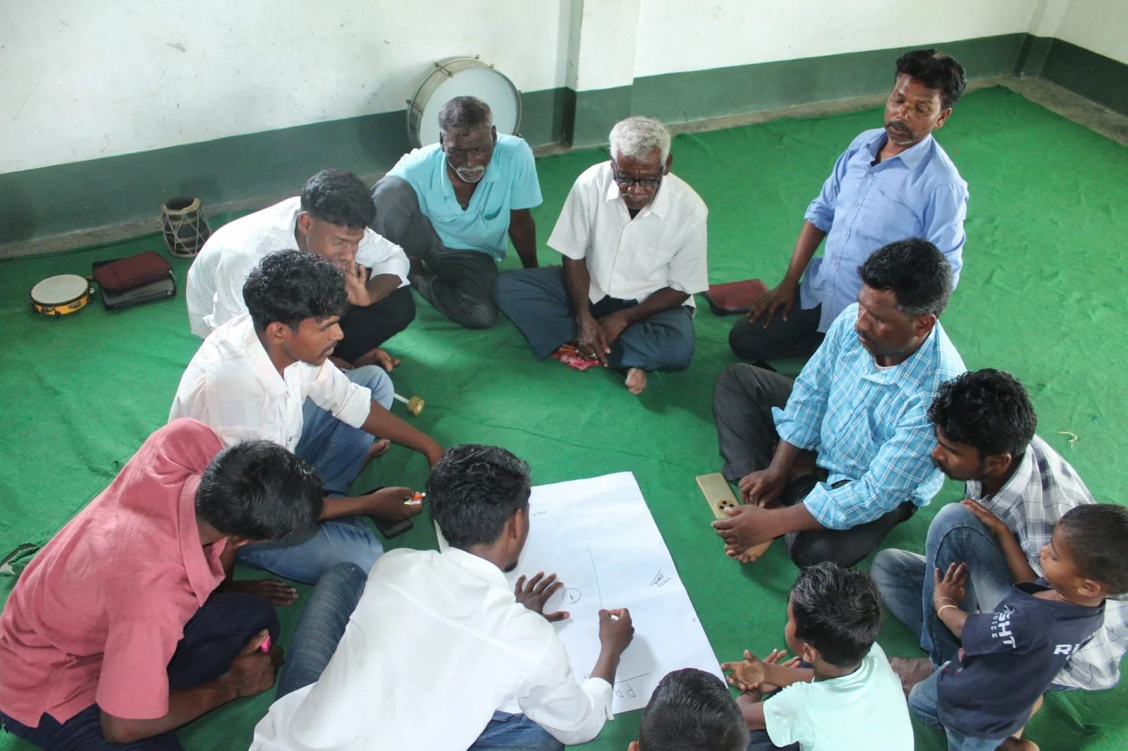 Group of people sitting on green floor around a large sheet of paper discussing or drawing.