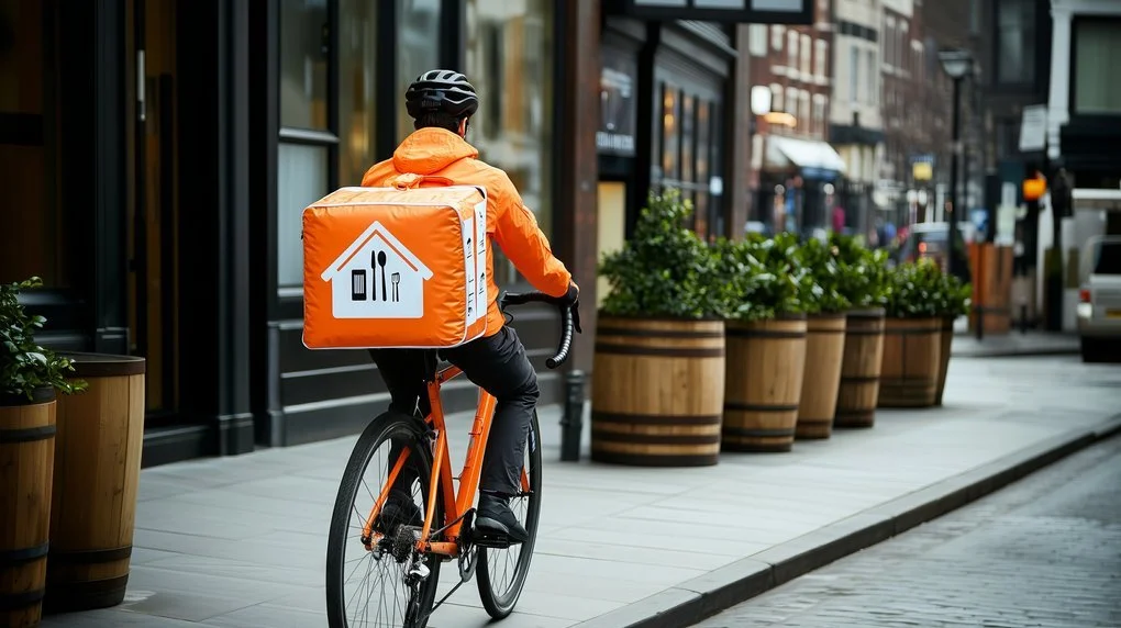A food delivery worker on a bicycle riding down a city sidewalk, wearing an orange jacket and helmet, with an insulated delivery bag on the back featuring a house, fork, and knife icon.