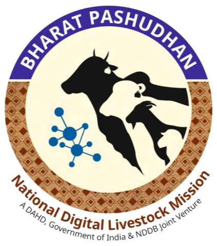 Logo of Bharat Pashudhan with a black cow, white sheep, and brown goat, surrounded by a patterned border and text indicating National Digital Livestock Mission.